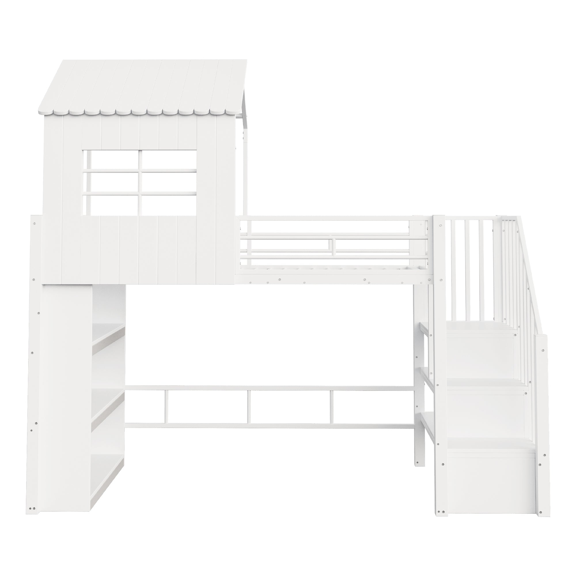 Iron Loft Bed with House Design, Storage Shelf and Safety Stairs, 90x200cm, White