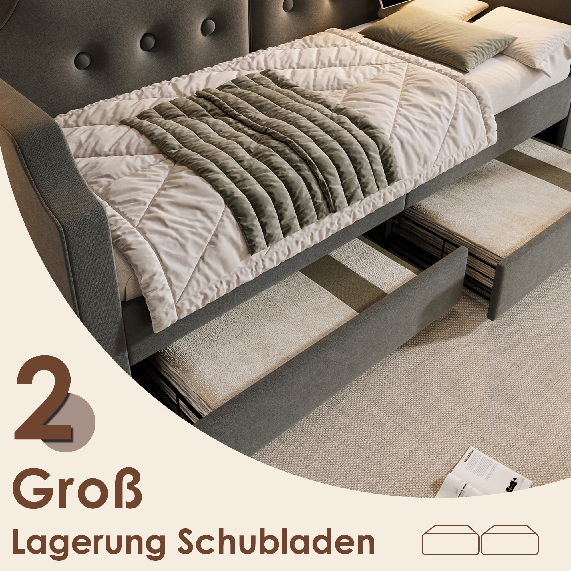 Sofa Bed 90x200 cm, USB-C Reading Light, 2 Storage Drawers, Velvet Gray