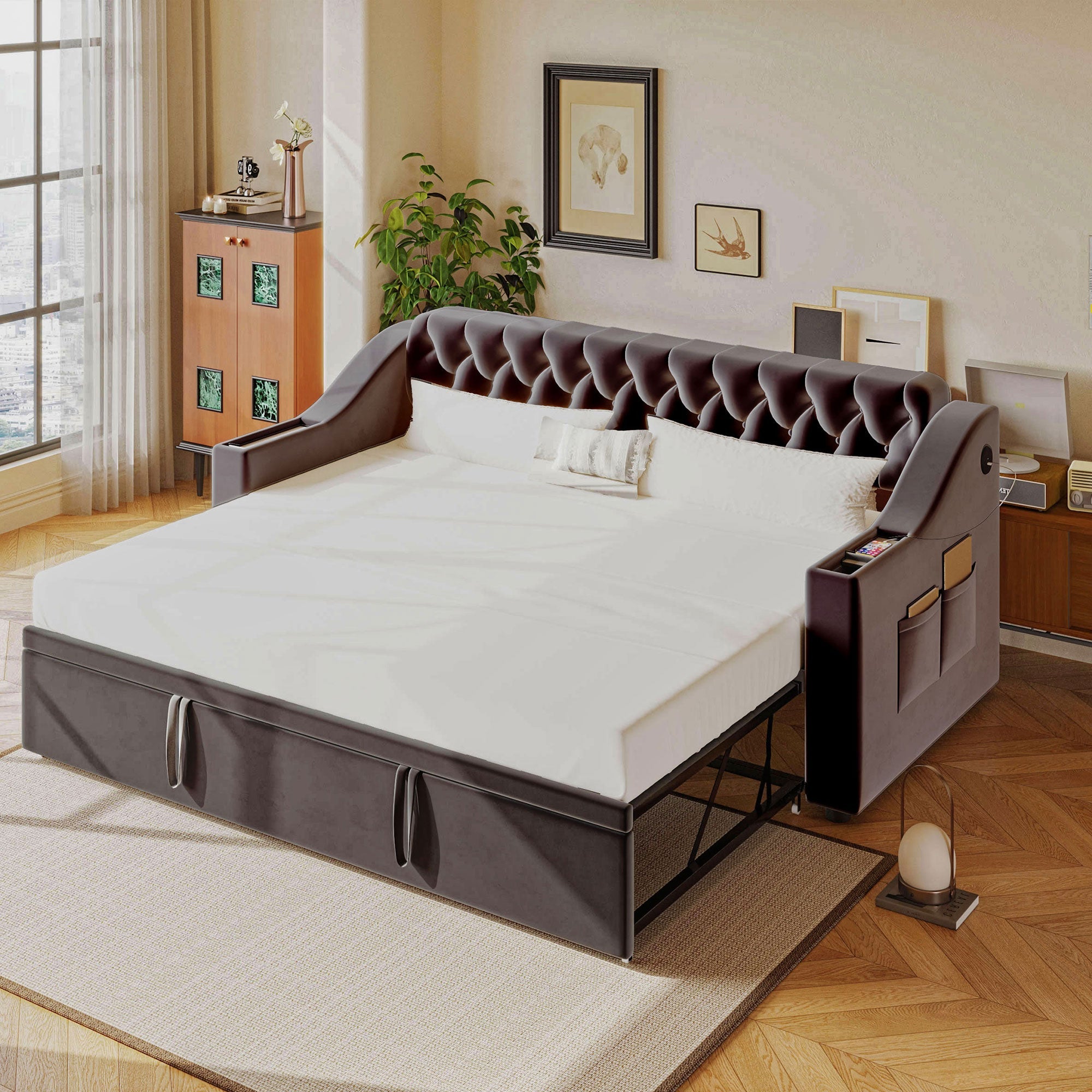 Upholstered Sofa Bed, Extendable 90/180x190cm USB Storage Slatted Base, Dark Grey Velvet