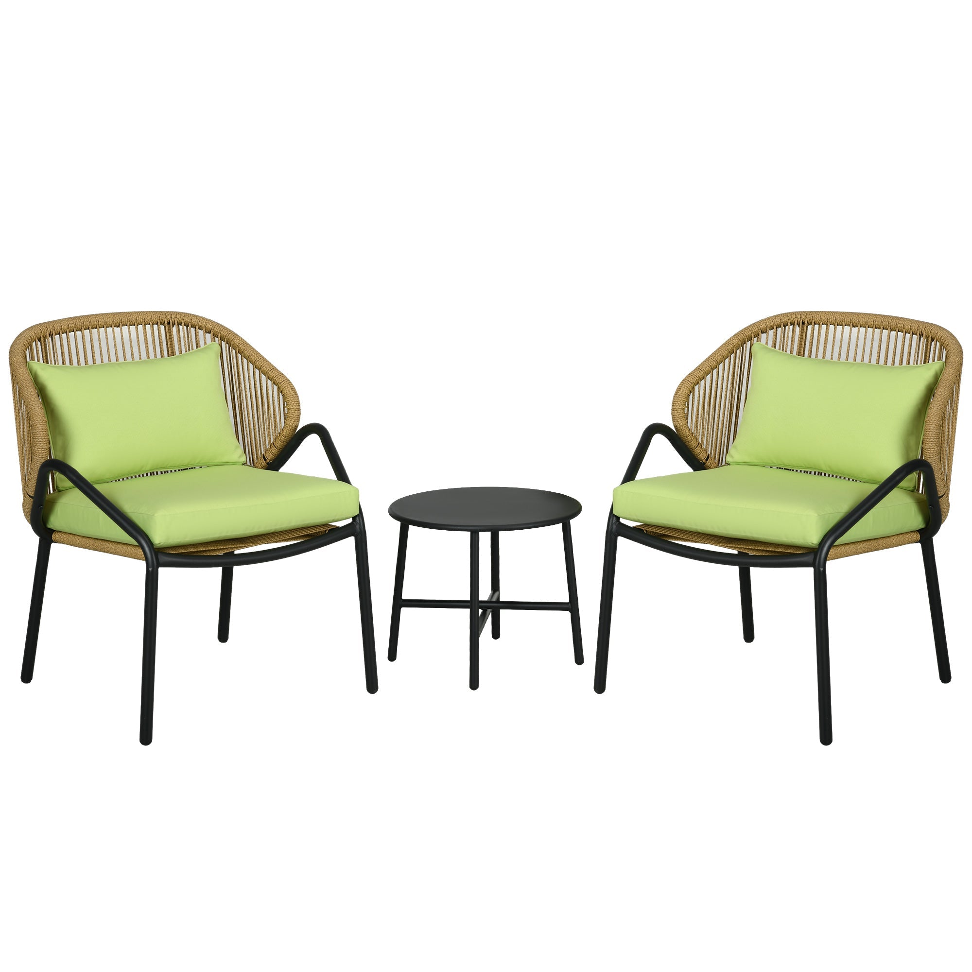 3-piece Rattan Garden Furniture Set with 2 Chairs & Side Table, Steel, Green
