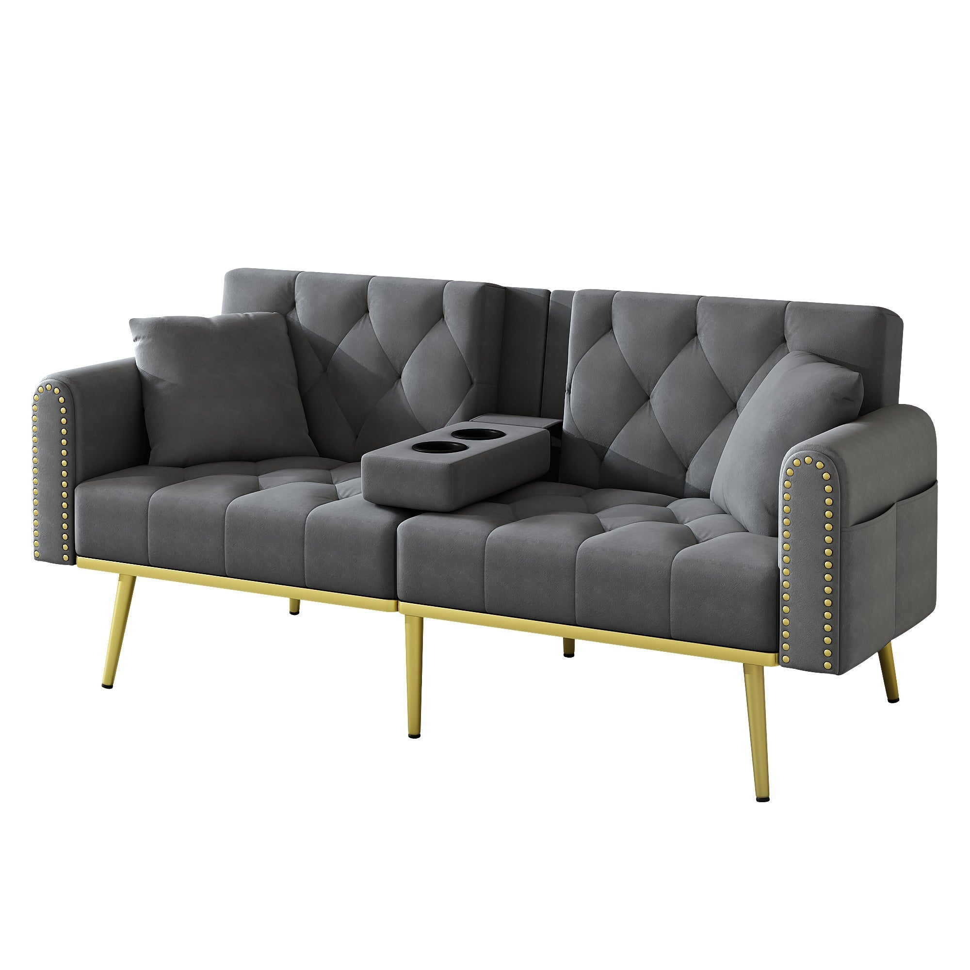 Double Fold-Out Sofa Bed Reclining 3-Position with Cup Holders Fabric Gray