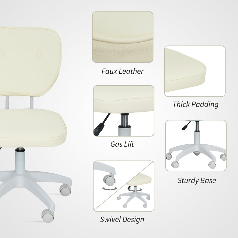 Vanity Office Chair Adjustable Armless Swivel PU Leather Cream