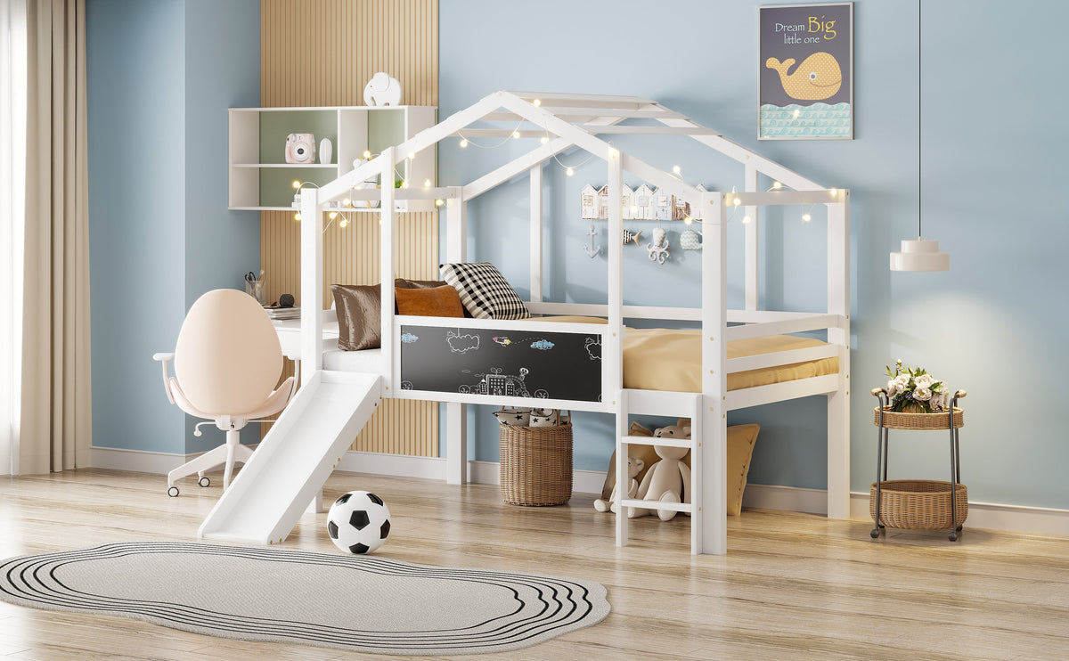 Children's Bed Attic Design, Ladder, Slide, Graffiti Board, Multifunctional Solid Wood, White