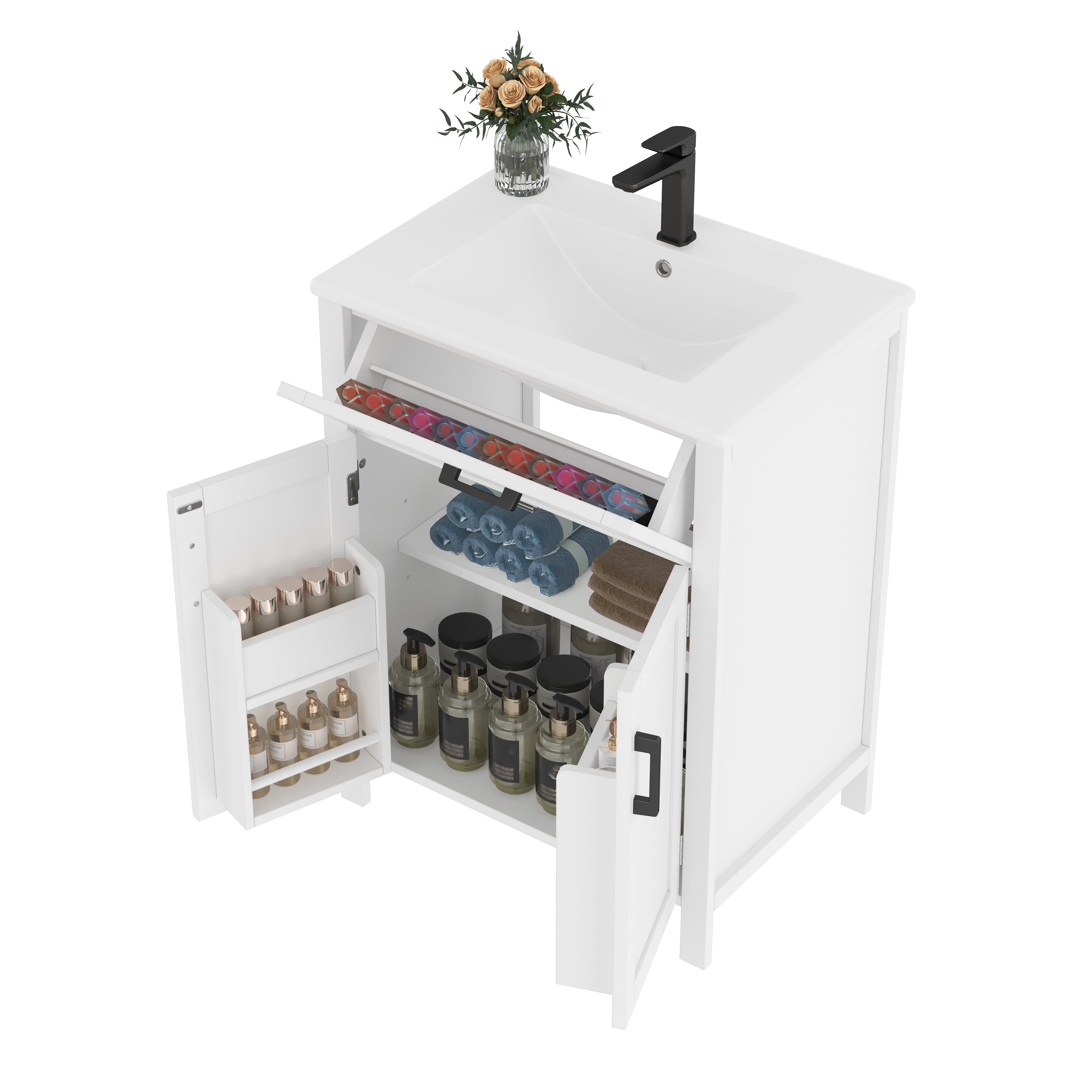 Bathroom Vanity Unit with Ceramic Sink and Adjustable Shelves, White