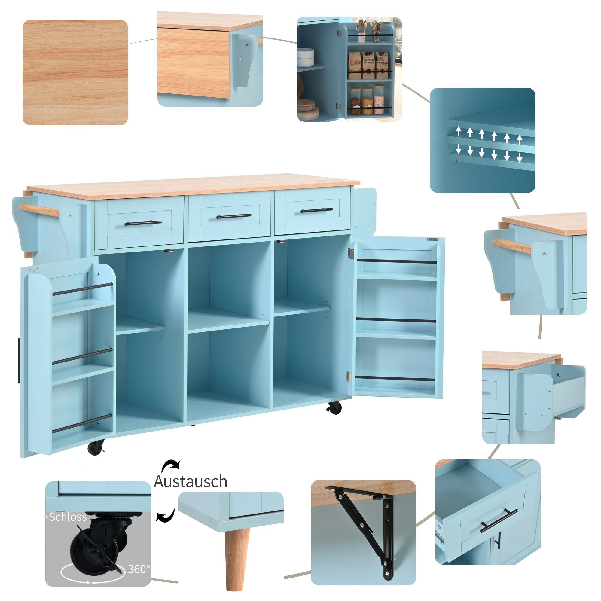 Dining Trolley Sideboard with Fold-Down Worktop and Casters, Blue and Solid Wood Grain