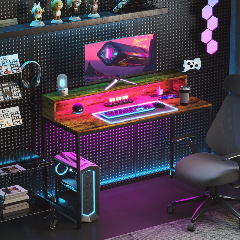 120cm Computer Desk Gaming Table LED Lights Power Outlets Monitor Stand, Rustic Brown