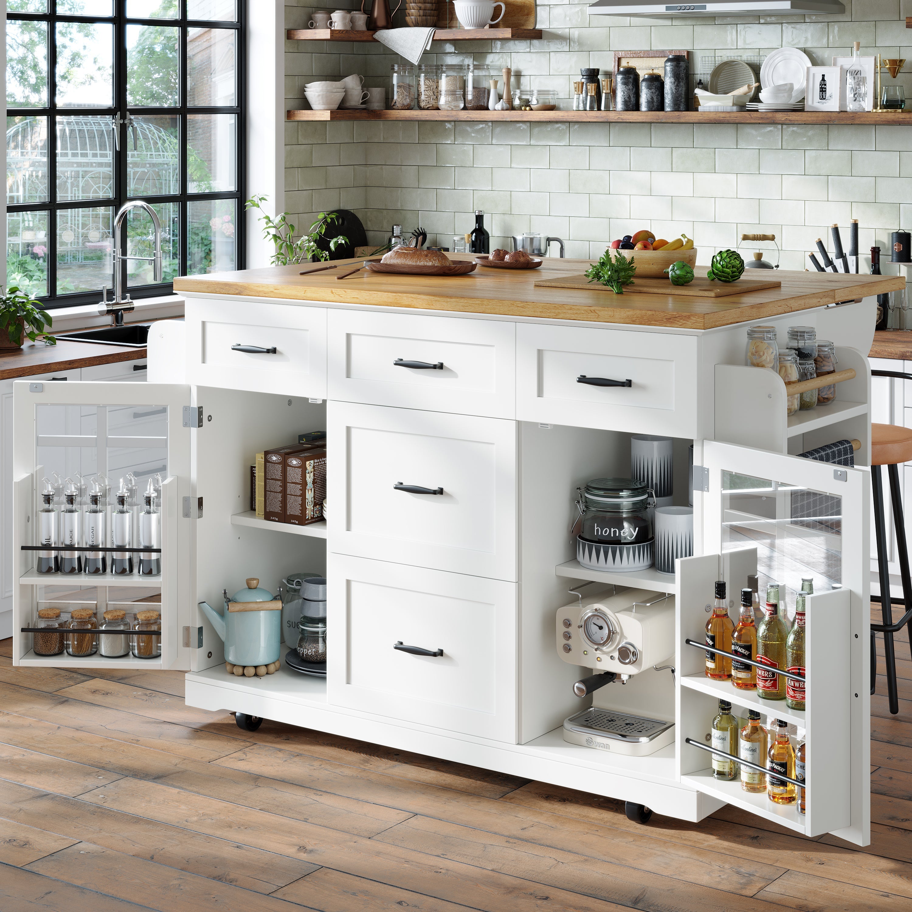 Kitchen Island, Mobile Serving Trolley with 2 Doors, 5 Drawers & Adjustable Shelves, White