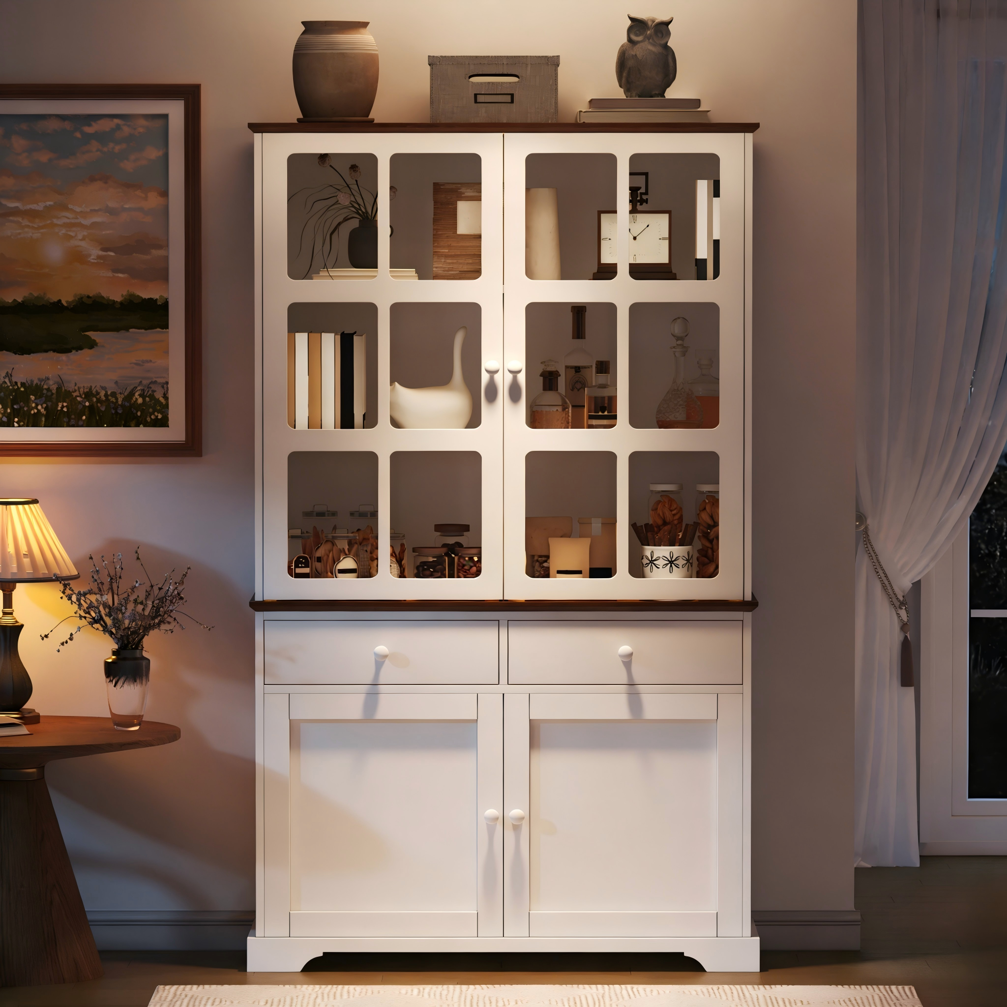 Tall Display Cabinet Glass Doors 2 Drawers LED Lighting White