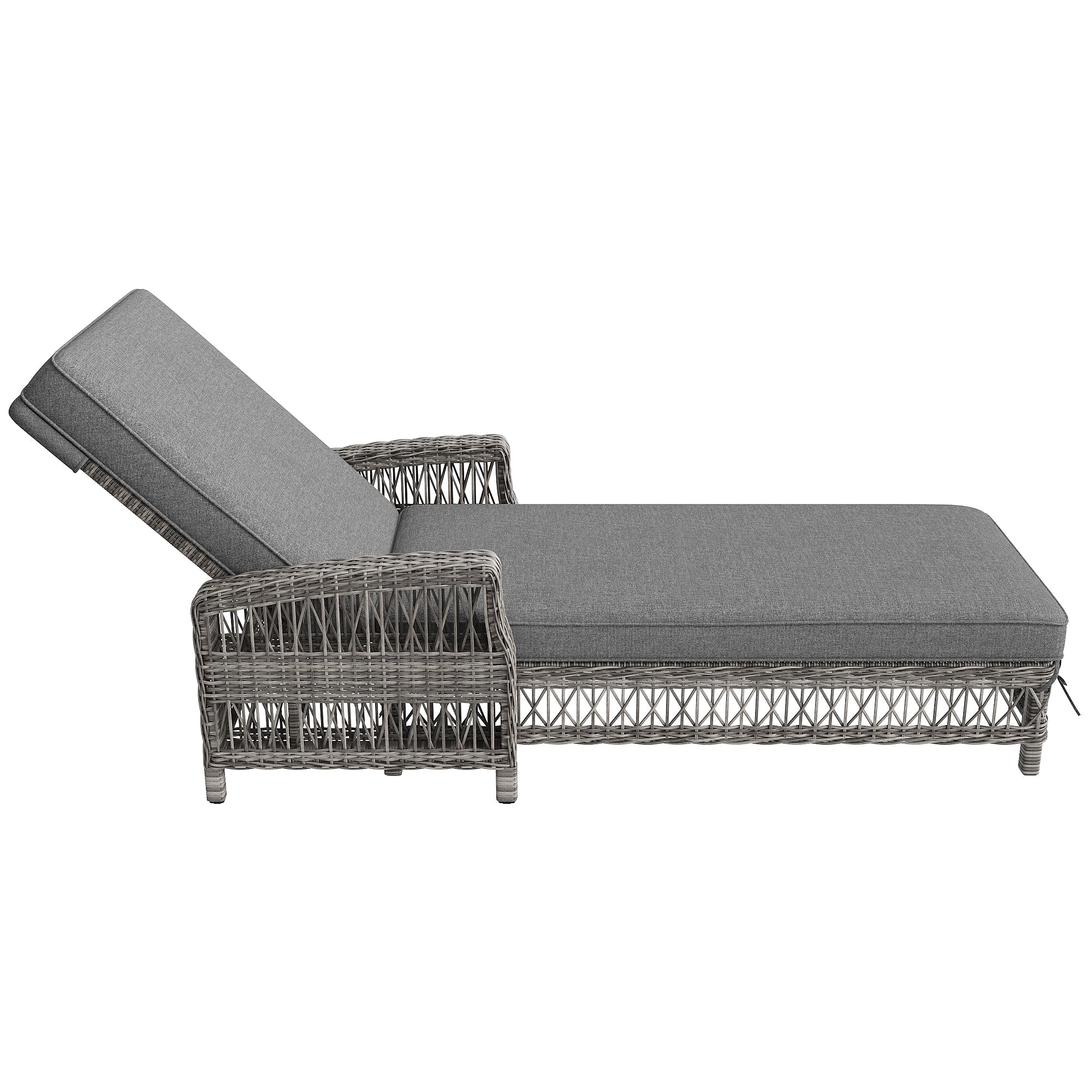 Outdoor Lounger Set of 4 with Adjustable Backrest and Removable Cushion, Grey Rattan