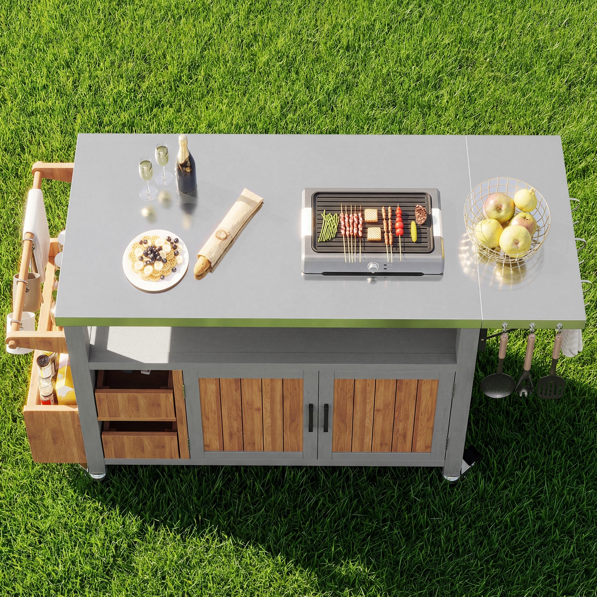BBQ Side Table with Stainless Steel Worktop and Pull-out Shelf, Solid Wood