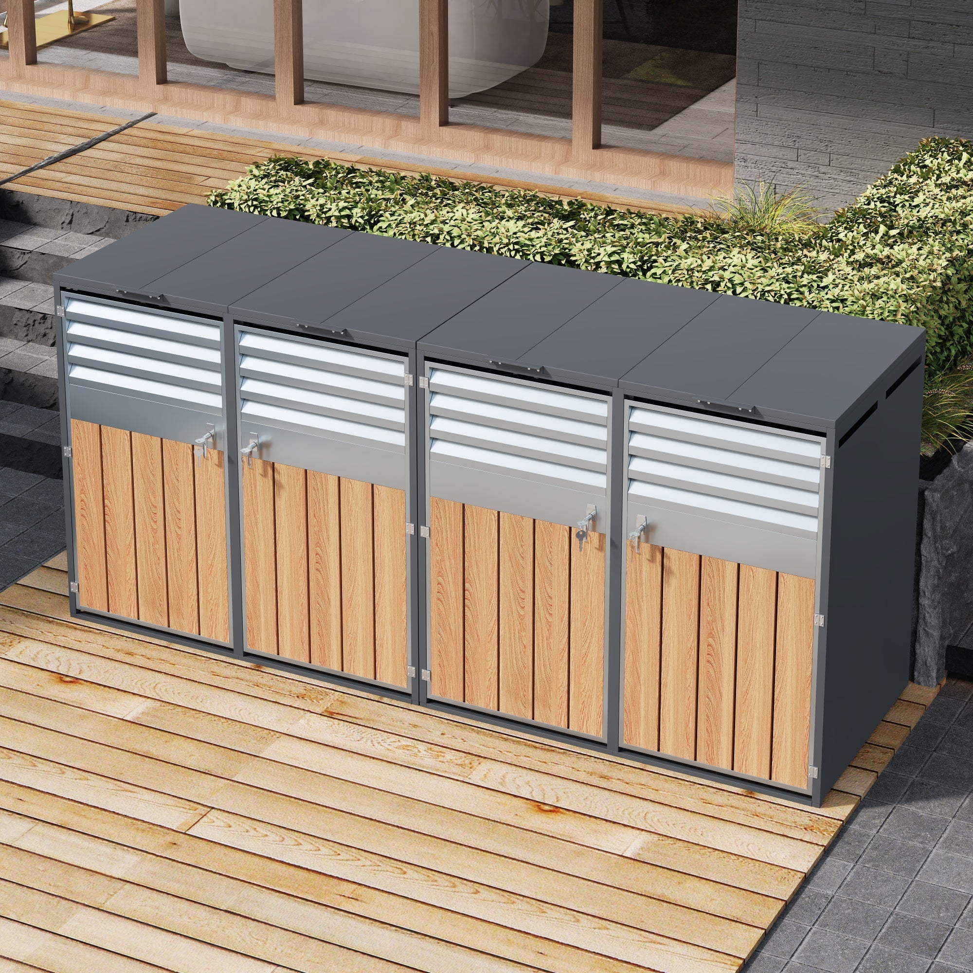Bin Storage Box with Hinged Lid, Louvered Ventilation and 4 Lockable Doors, Metal