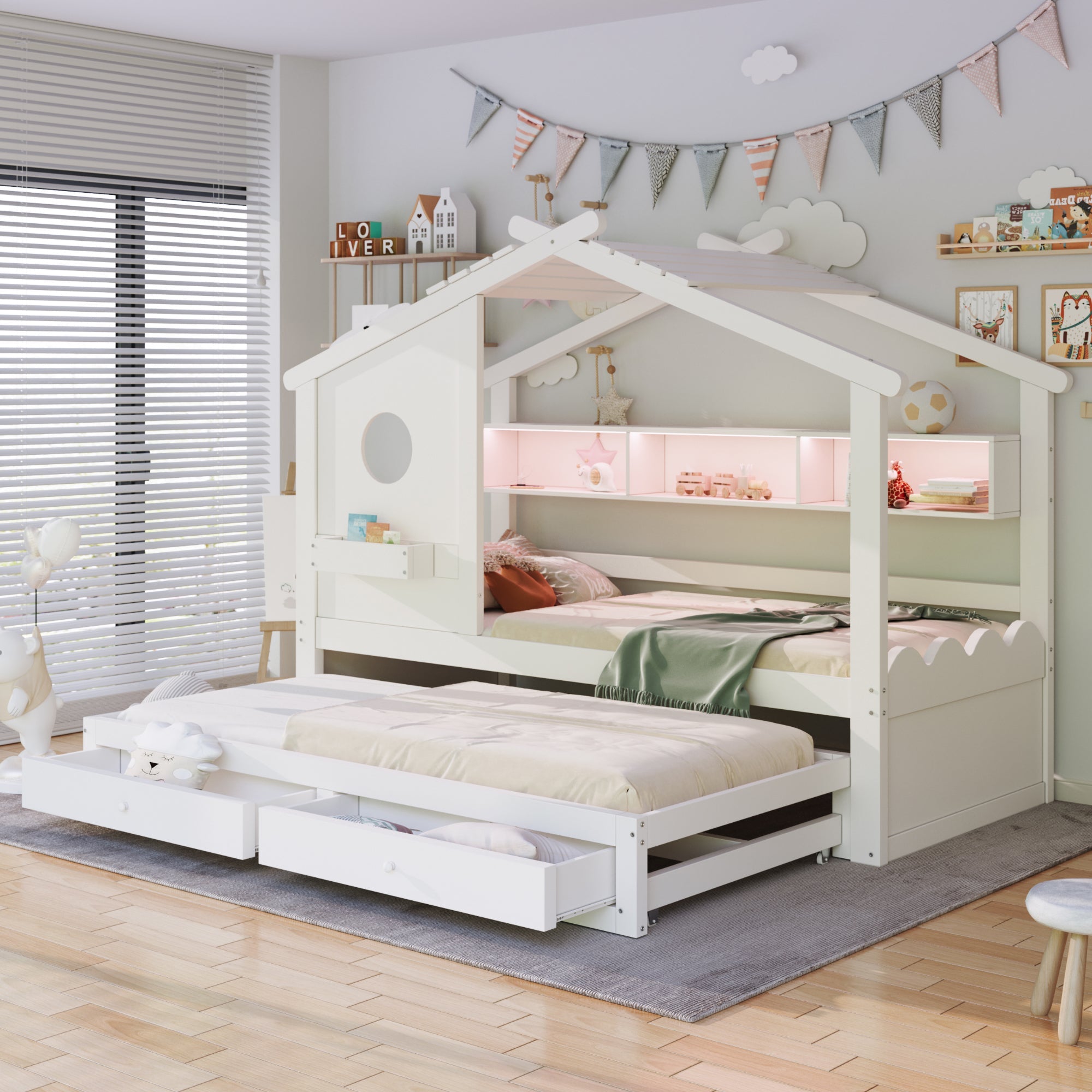 Multifunctional Children's Bed with House Design, Pull-out Bed, Drawers, Shelves, USB and LED, 90x200cm, White