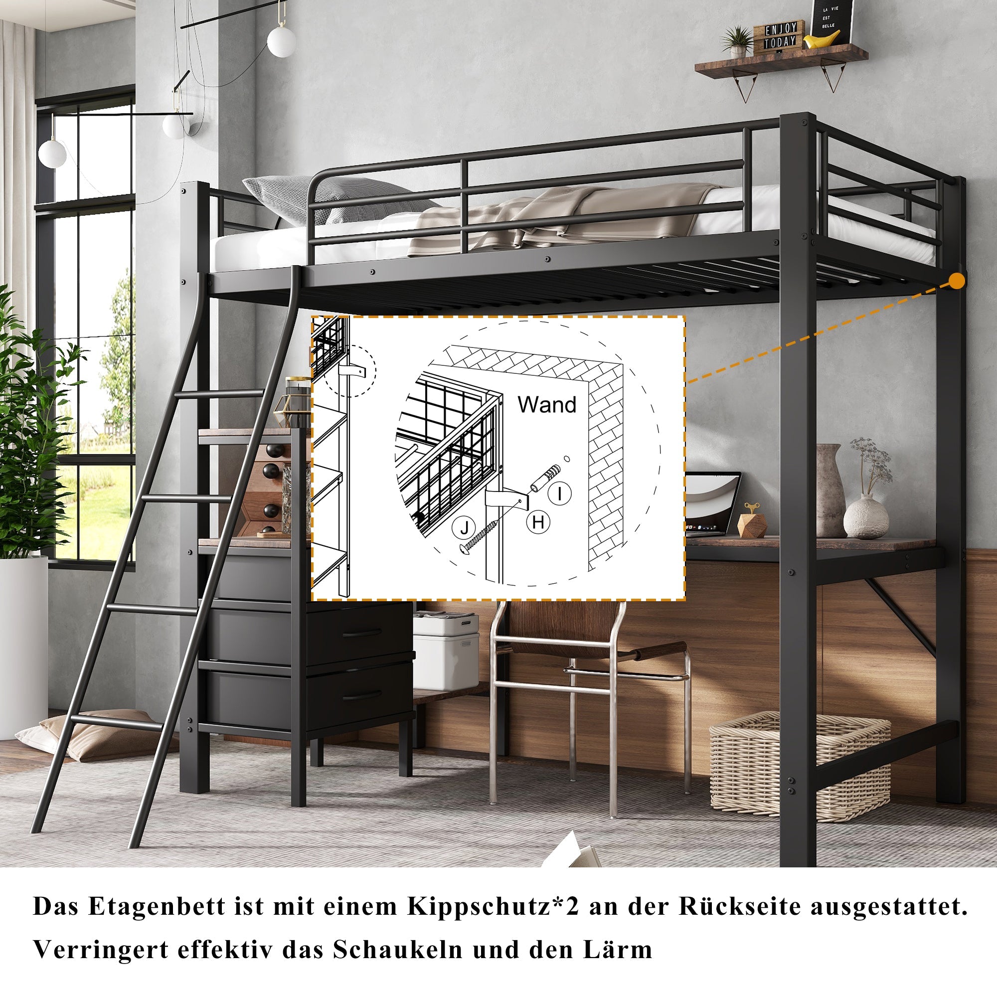 Iron Bunk Bed with Table, 3 Drawers, Ladder, 90x200cm, Black/Dark Walnut