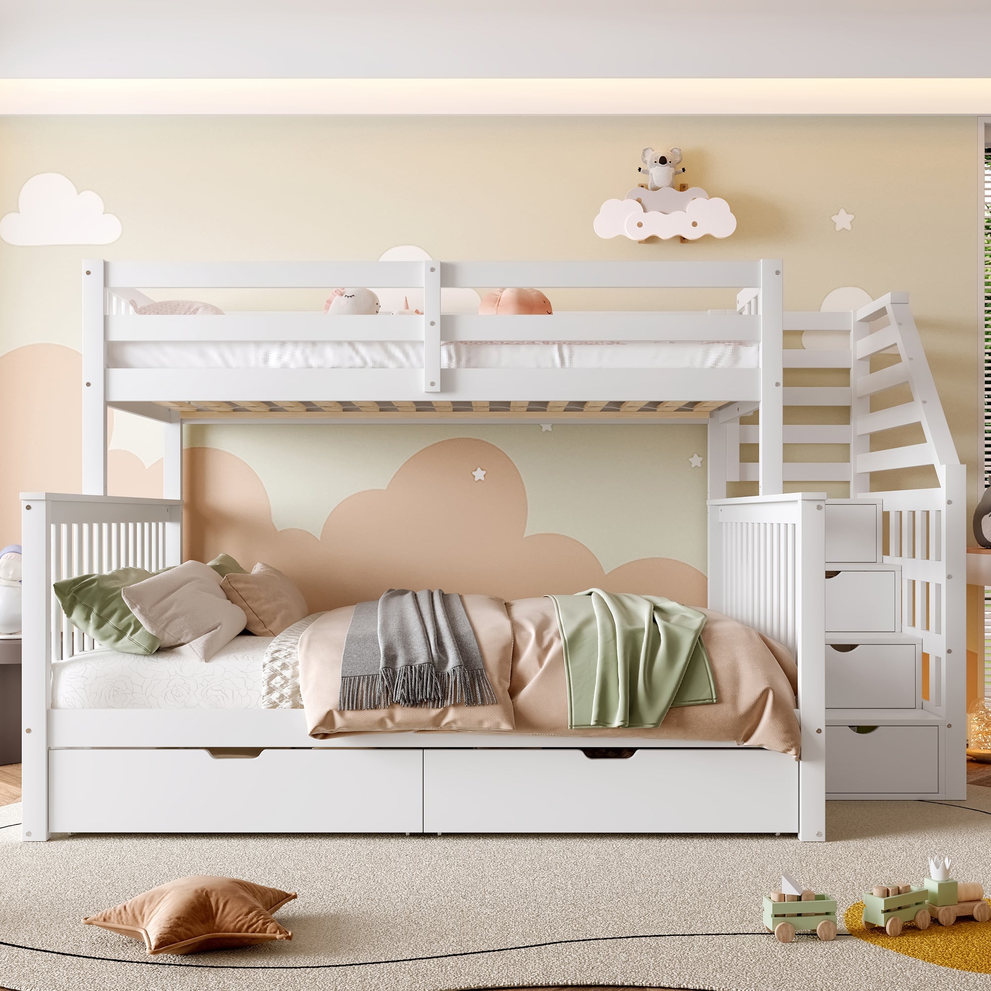 Multifunctional Bunk Bed with Storage Drawers, 90x200cm over 140x200cm, White