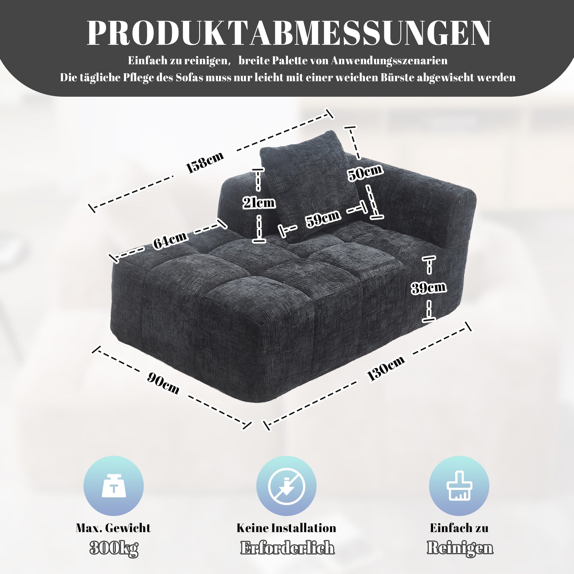 Chaise Longue Sofa, Soft Cushions Side Pockets, Black