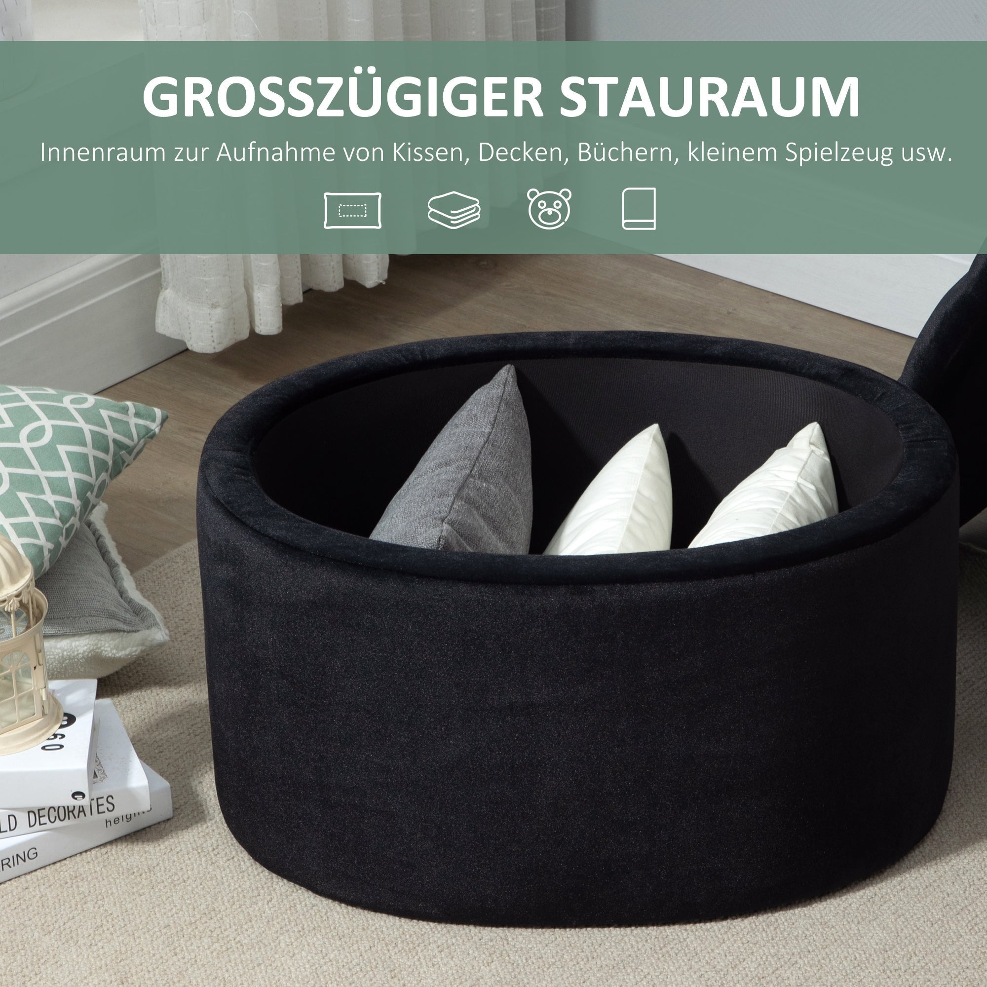 Bench Upholstered Modern Storage Oval Shape, Velvety Polyester Black