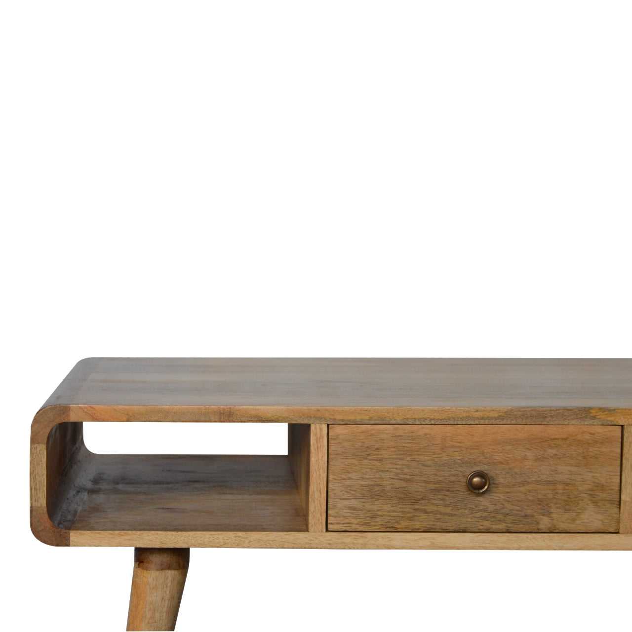 Solid Wood Curved Coffee Table, 2 Drawers and 2 Open Slots, Brown