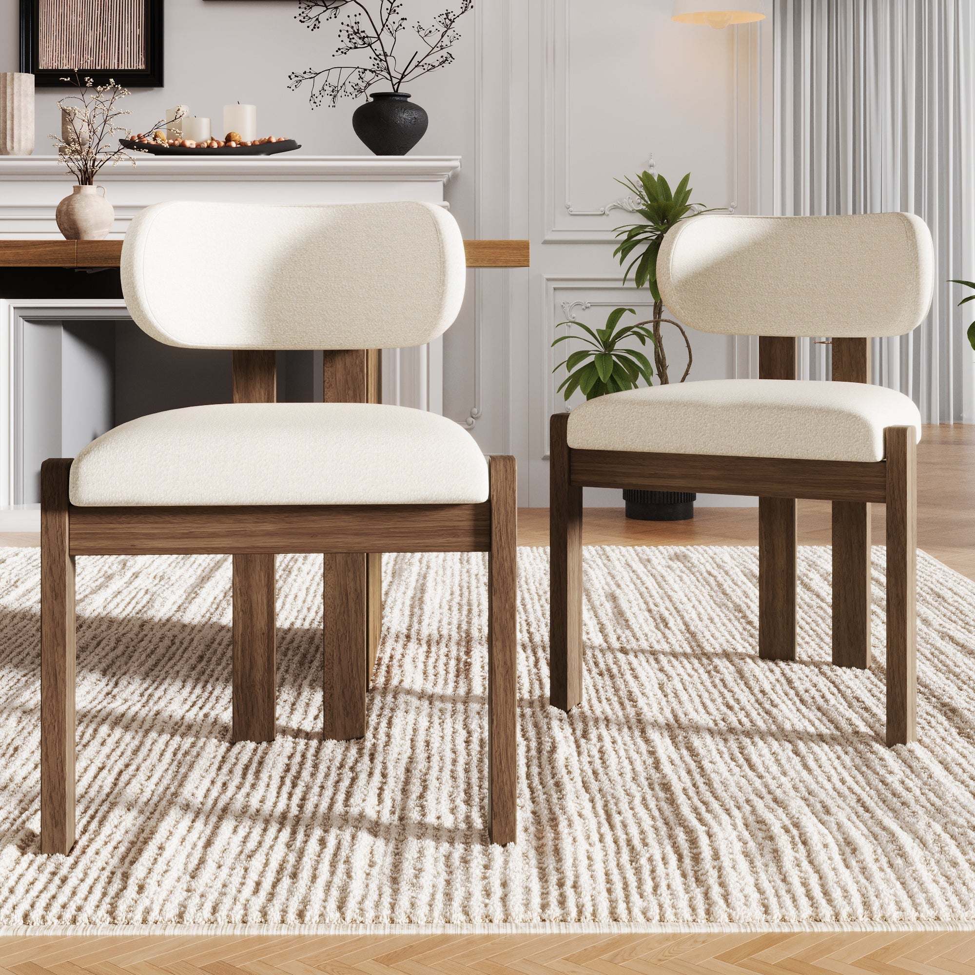 Solid Wood Dining Chairs Set of 6 with Modern Bouclé Fabric, Walnut Finish