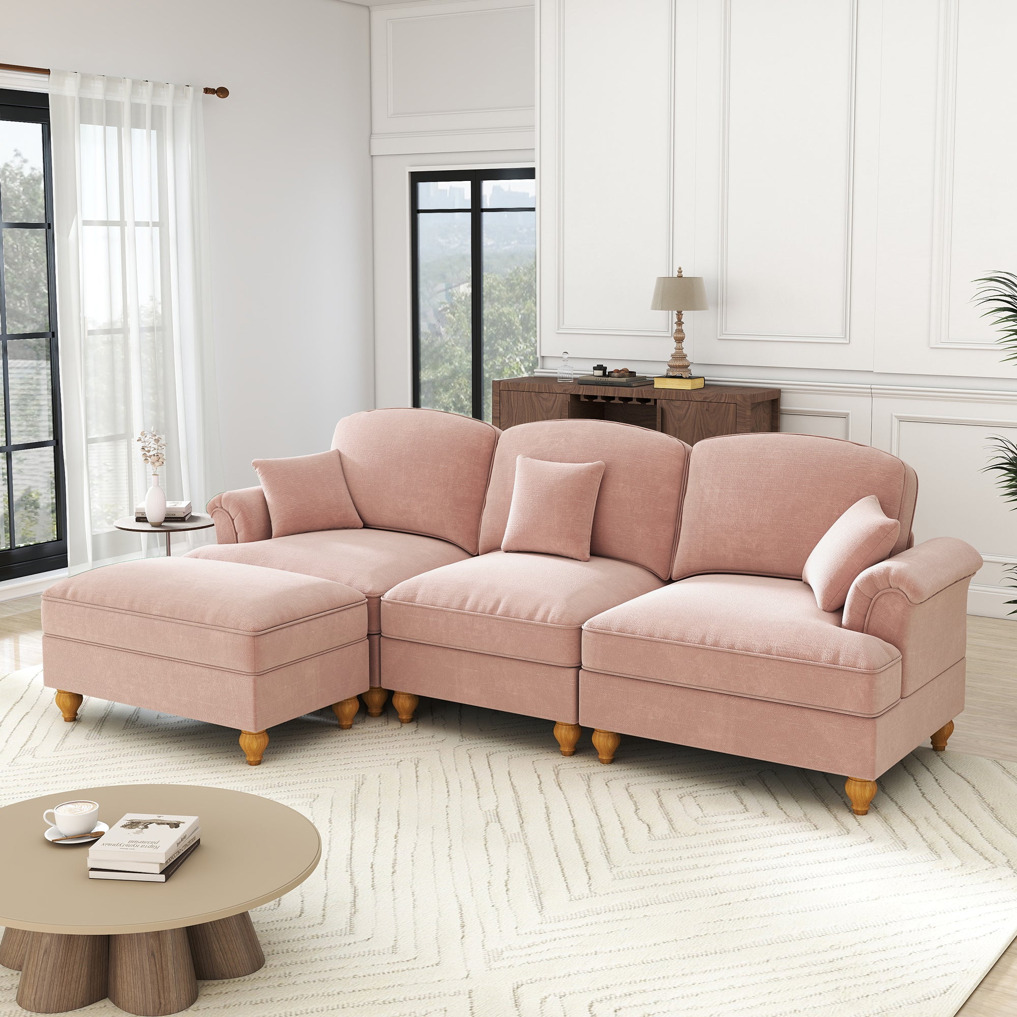 Modular Mid-Century L-Shaped 3-Seater Sofa with Ottoman - Pink Chenille