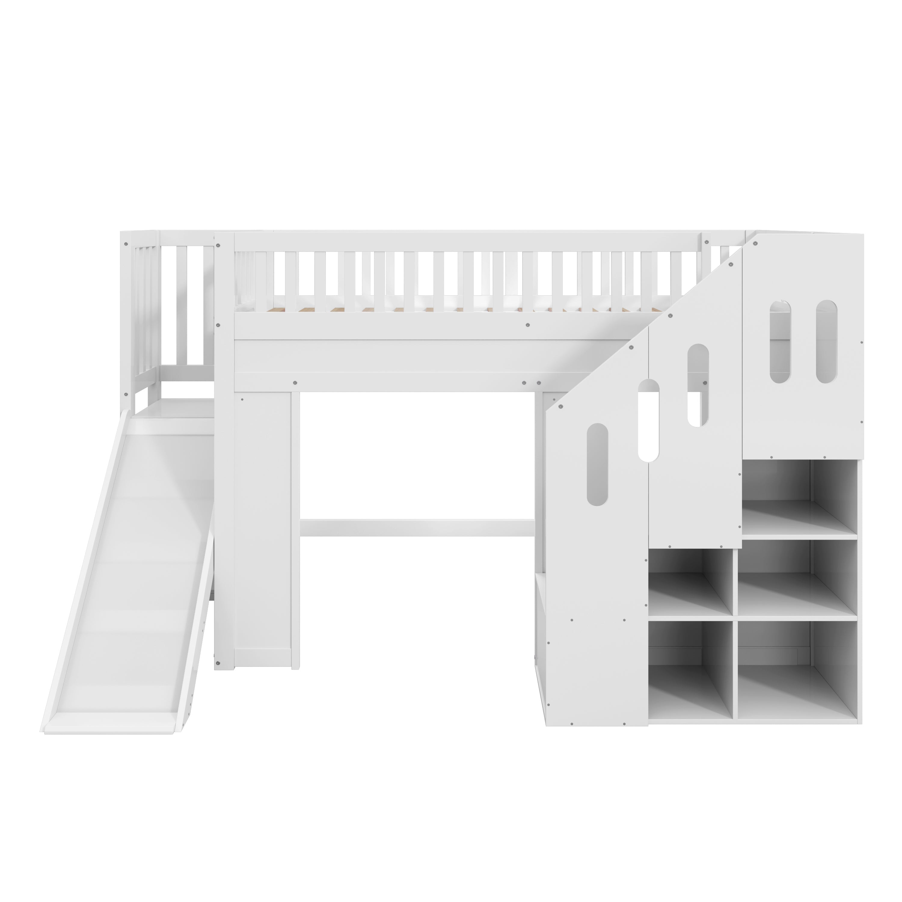 Bunk Bed with Slide, Storage Stairs and LED Light Strip, White Solid Wood