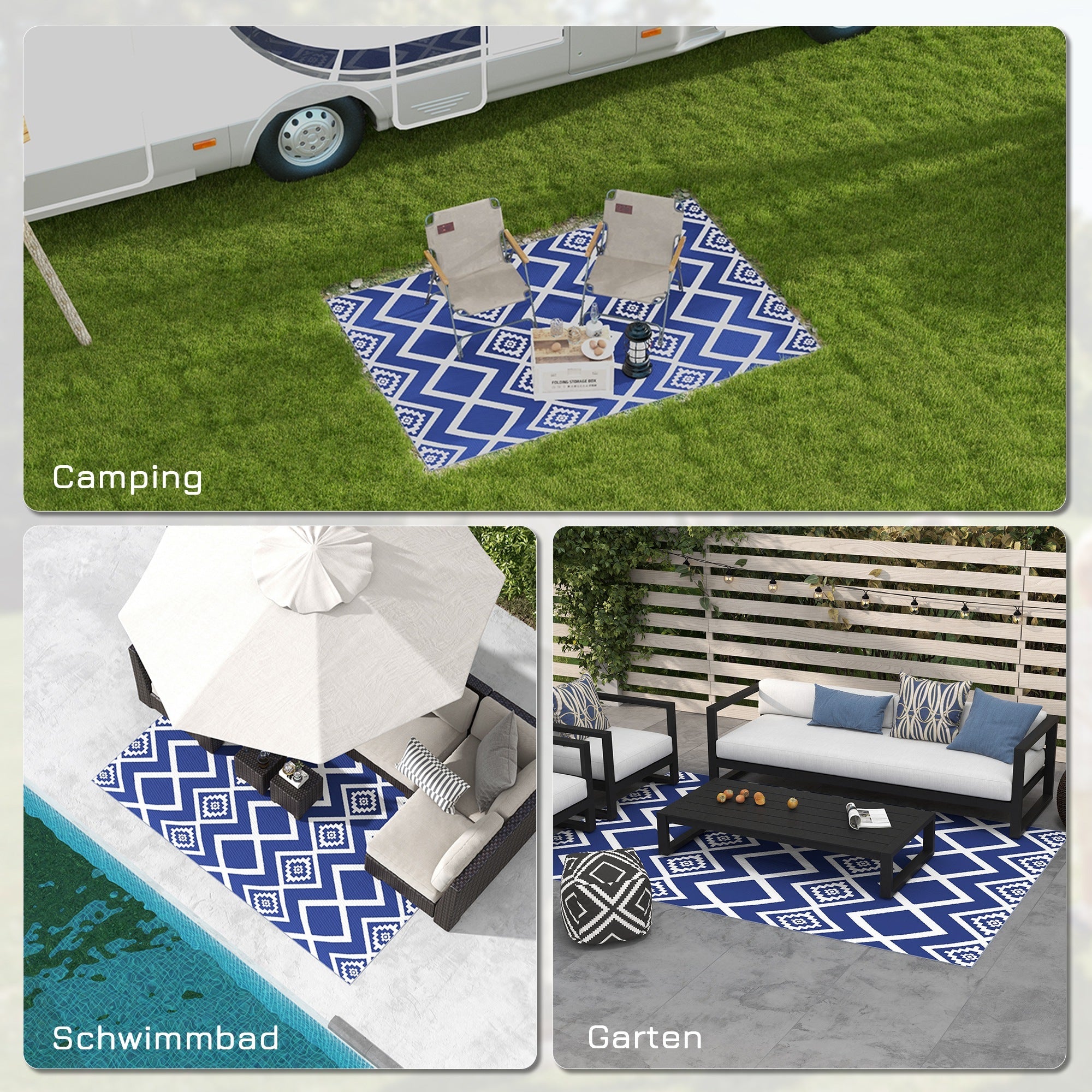 Outdoor Rug, Water-Repellent, with Carrying Bag, Plastic Blue-White