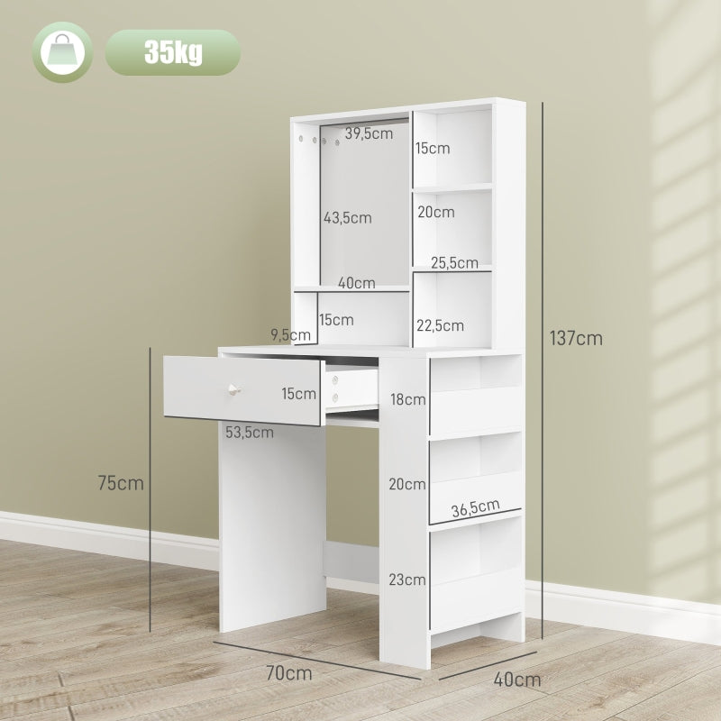 Dressing table with mirror, drawer, 3-tier side shelf, white chipboard