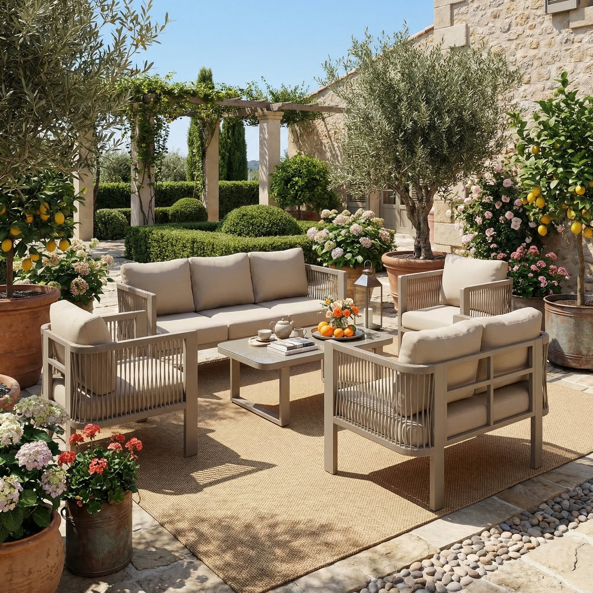 5-Piece Garden Furniture Set with Glass Tabletop and Teslin Rope Weave, Khaki