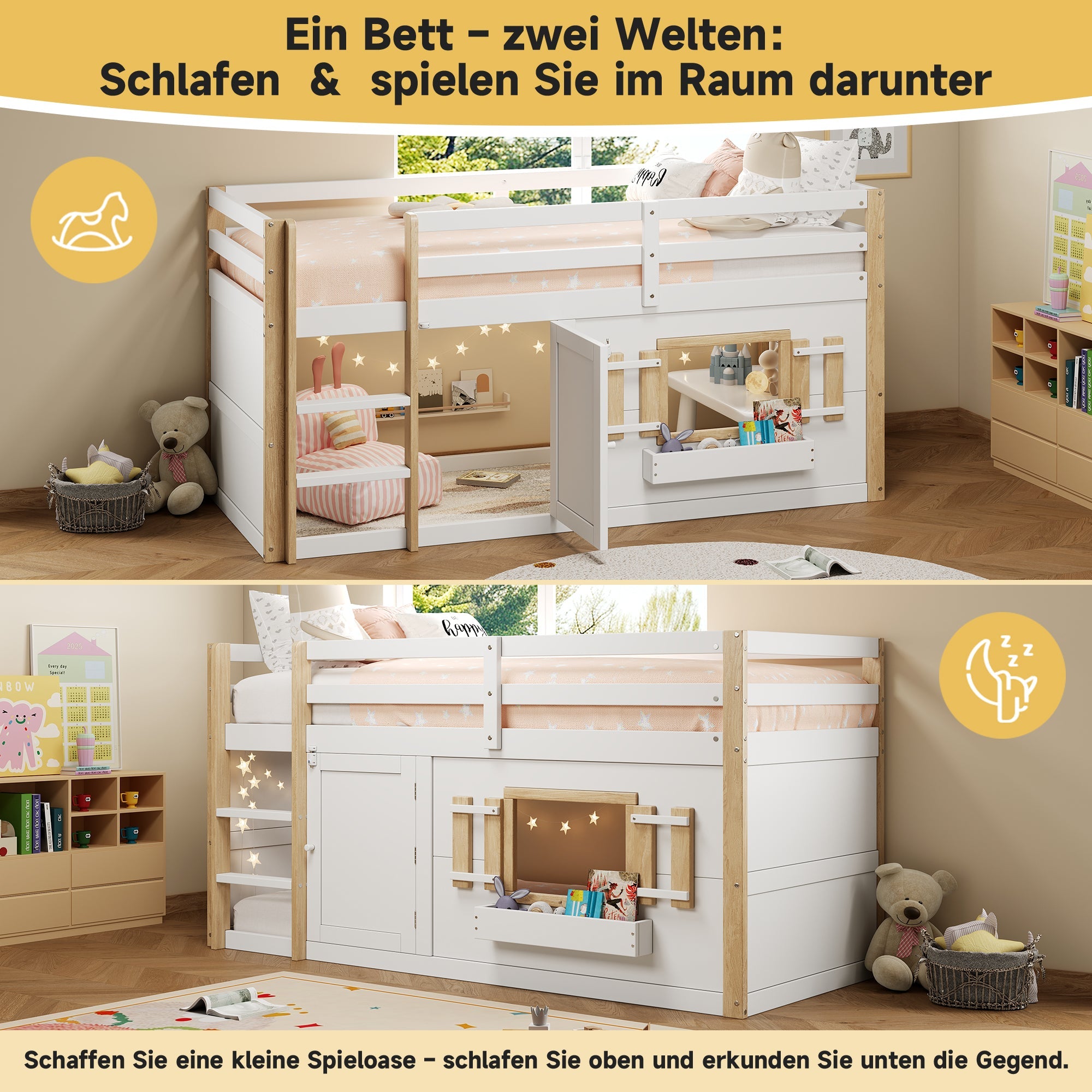 Children's Bunk/Loft Bed Multifunctional with Ladder & Play Area, White