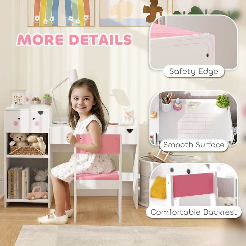 Rabbit-Themed Kids Desk and Chair Set with Bookcase, Drawers, and Shelves, White/Pink