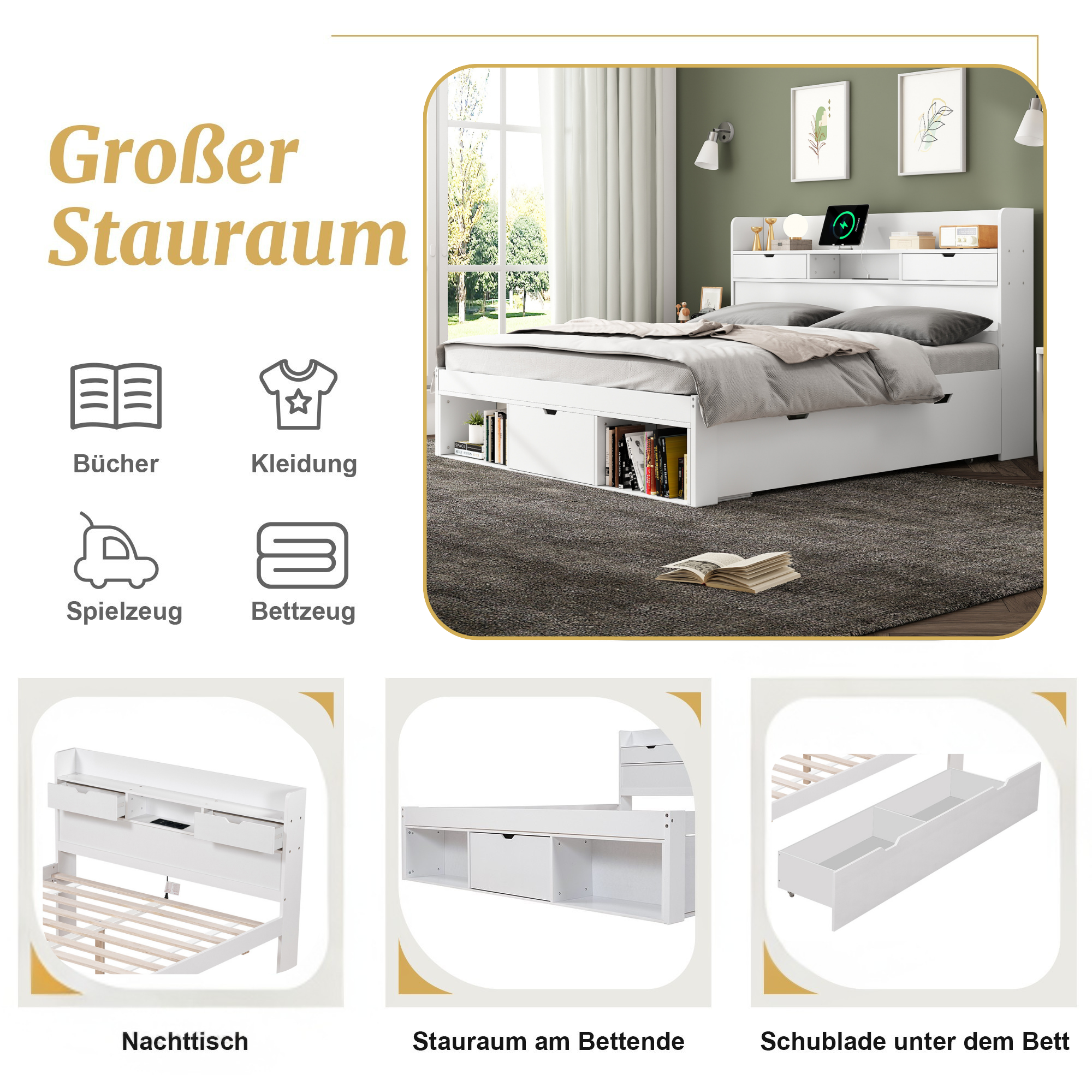 Double Bed 180x200cm with USB Port, Drawers and Storage Cabinet, White