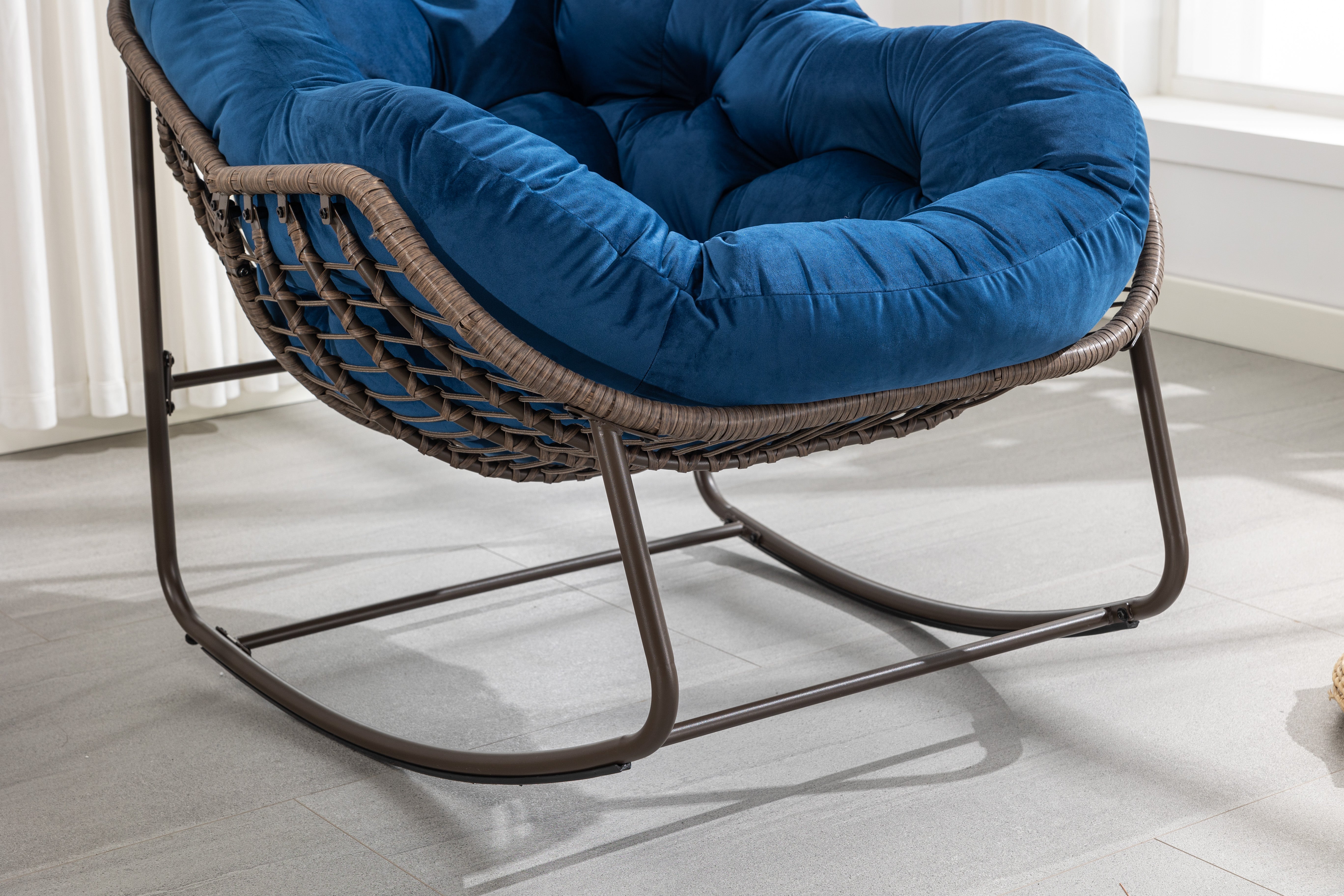 Outdoor Rattan Rocking Chair Padded Cushion Recliner Navy Blue
