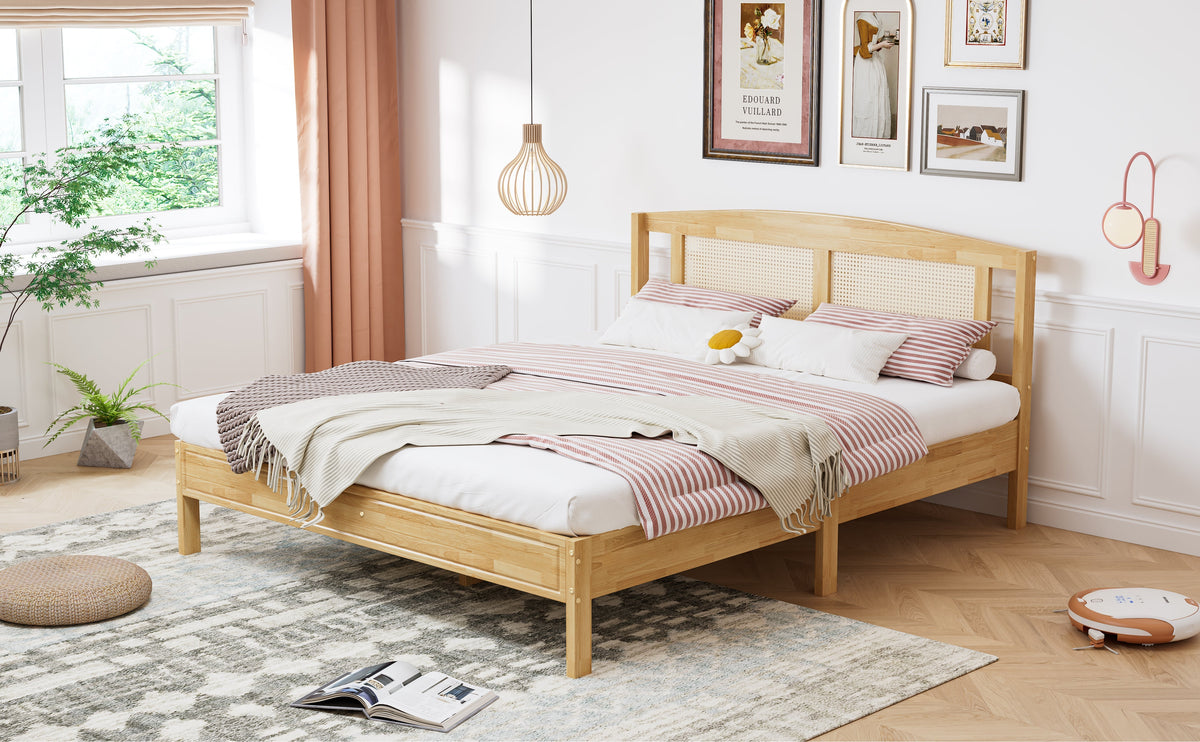 Double Rattan Bed 160x200cm, 15 Slats Pine + PE Rattan, Natural