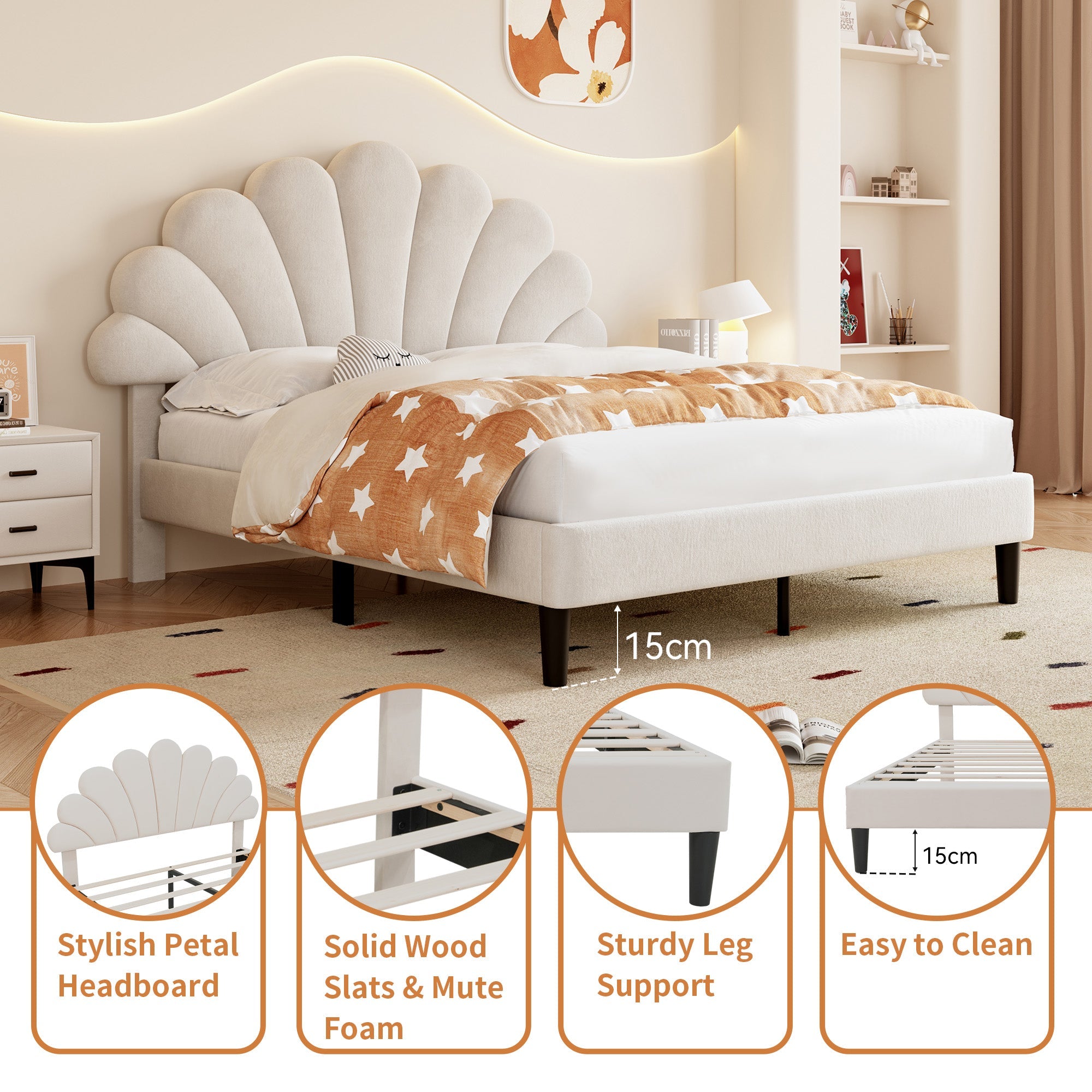 4ft6 Double Upholstered Velvet Bed Frame, Adjustable Chic Petal Headboard, Beige