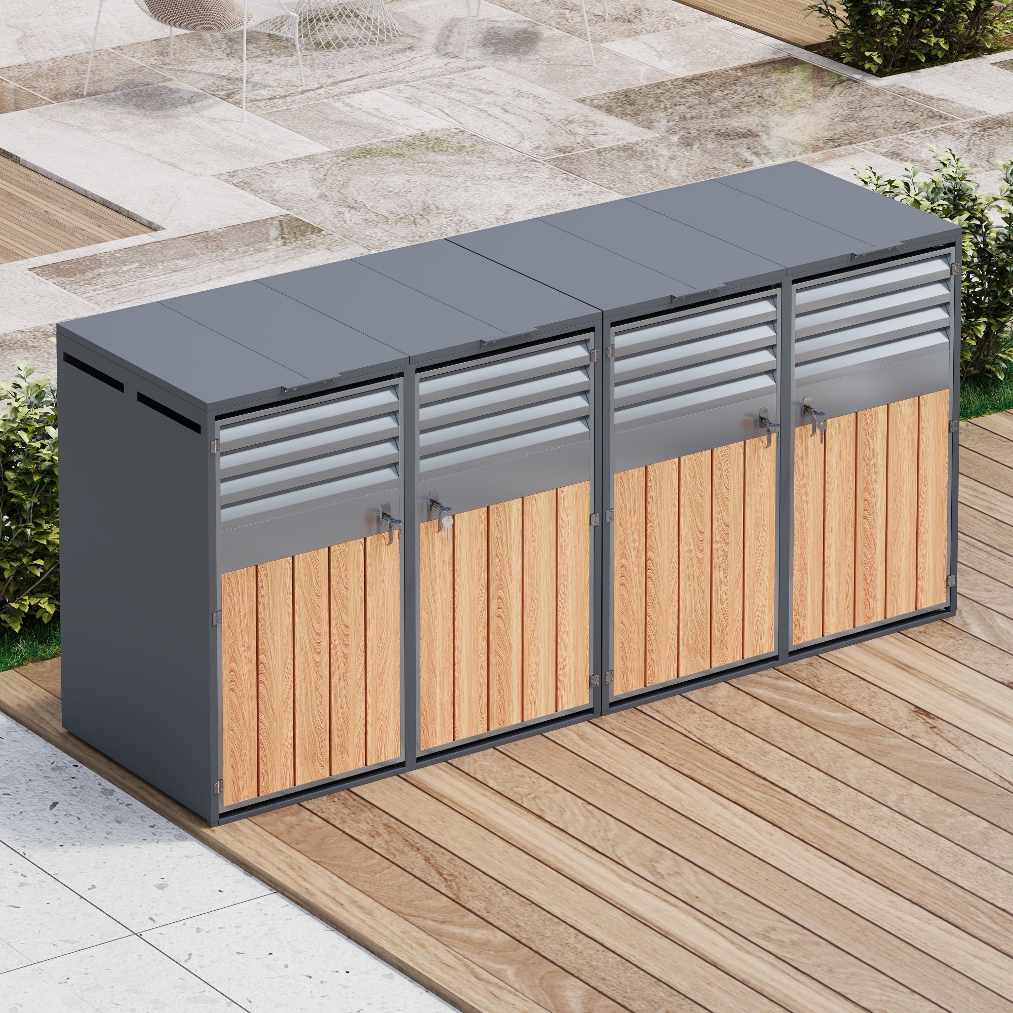 Bin Storage Box with Hinged Lid, Louvered Ventilation and 4 Lockable Doors, Metal