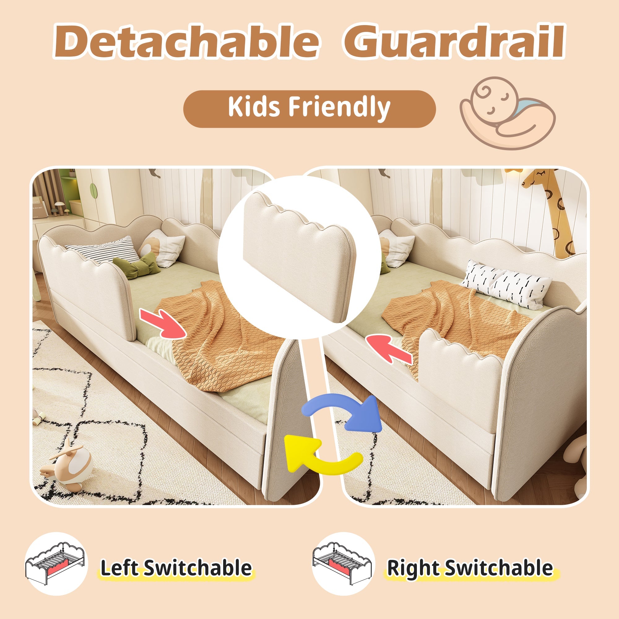 Upholstered Daybed with Pull-Out Trundle, 3FT Single Sofa Bed for Adults & Children, Linen Beige