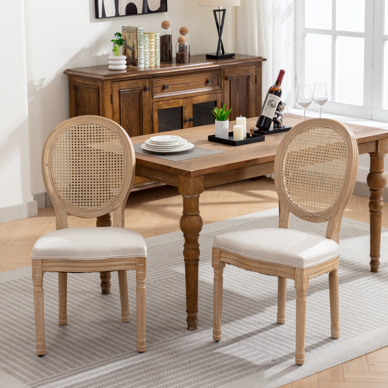 French Style Dining Chair Solid Wood Rattan Back Linen Set of 2 - Cream Beige