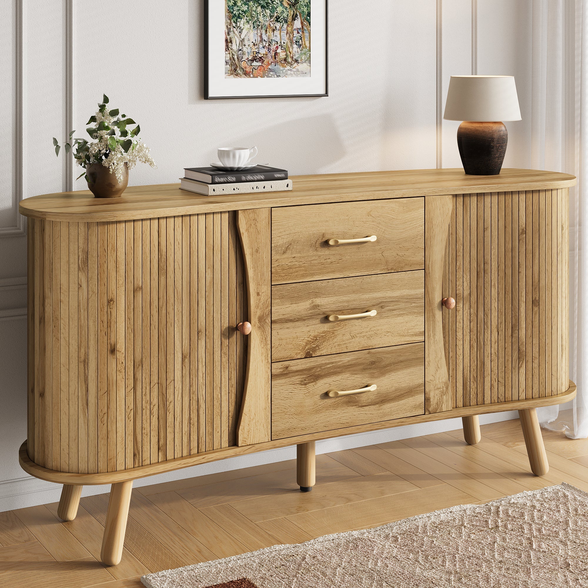 Scandinavian Pea-Shaped Sideboard with 2 Sliding Doors and 3 Drawers, Wood Look MDF