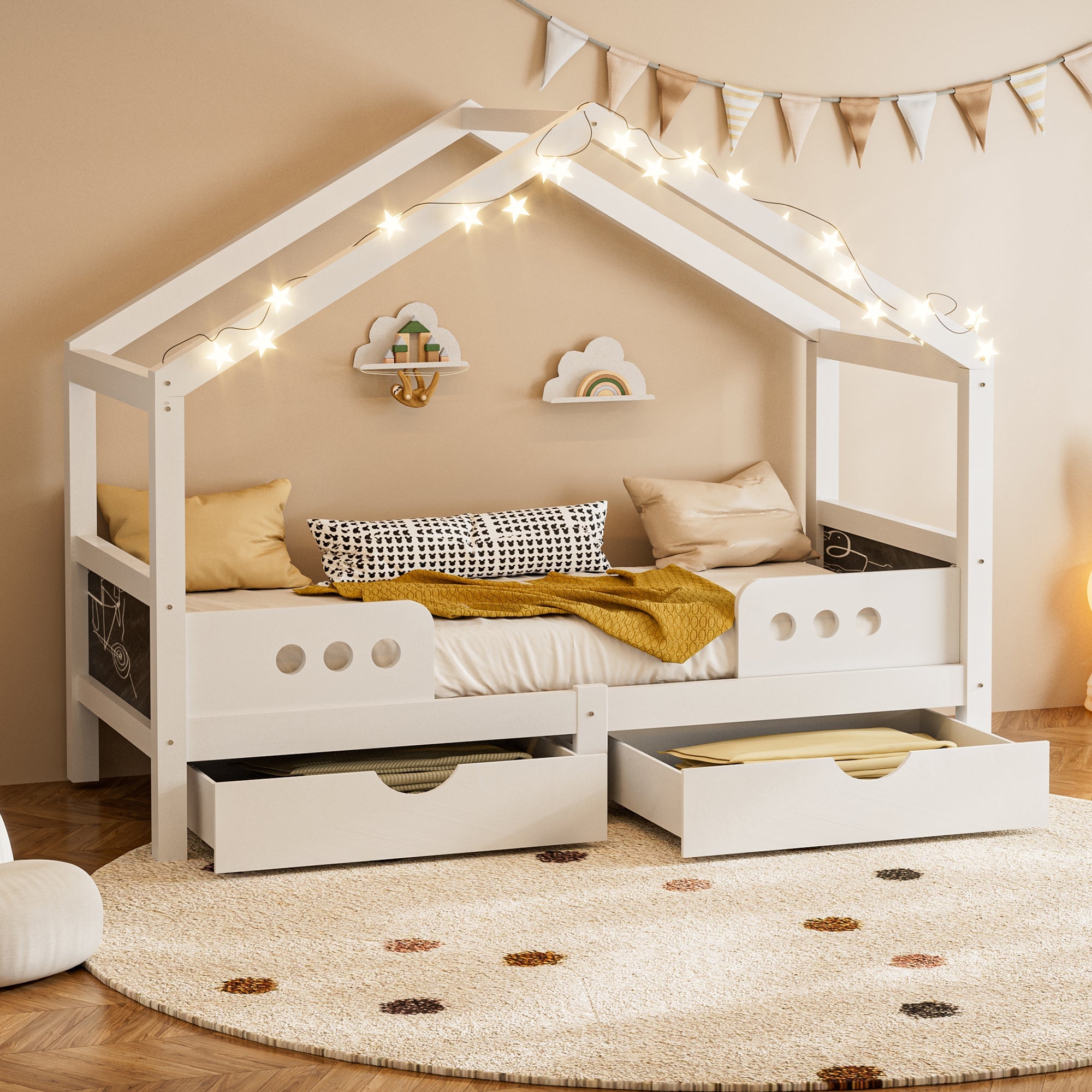 Children's Bed, Roof Design with 2 Drawers, UV Varnish Wood+MDF