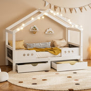 Children's Bed, Roof Design with 2 Drawers, UV Varnish Wood+MDF
