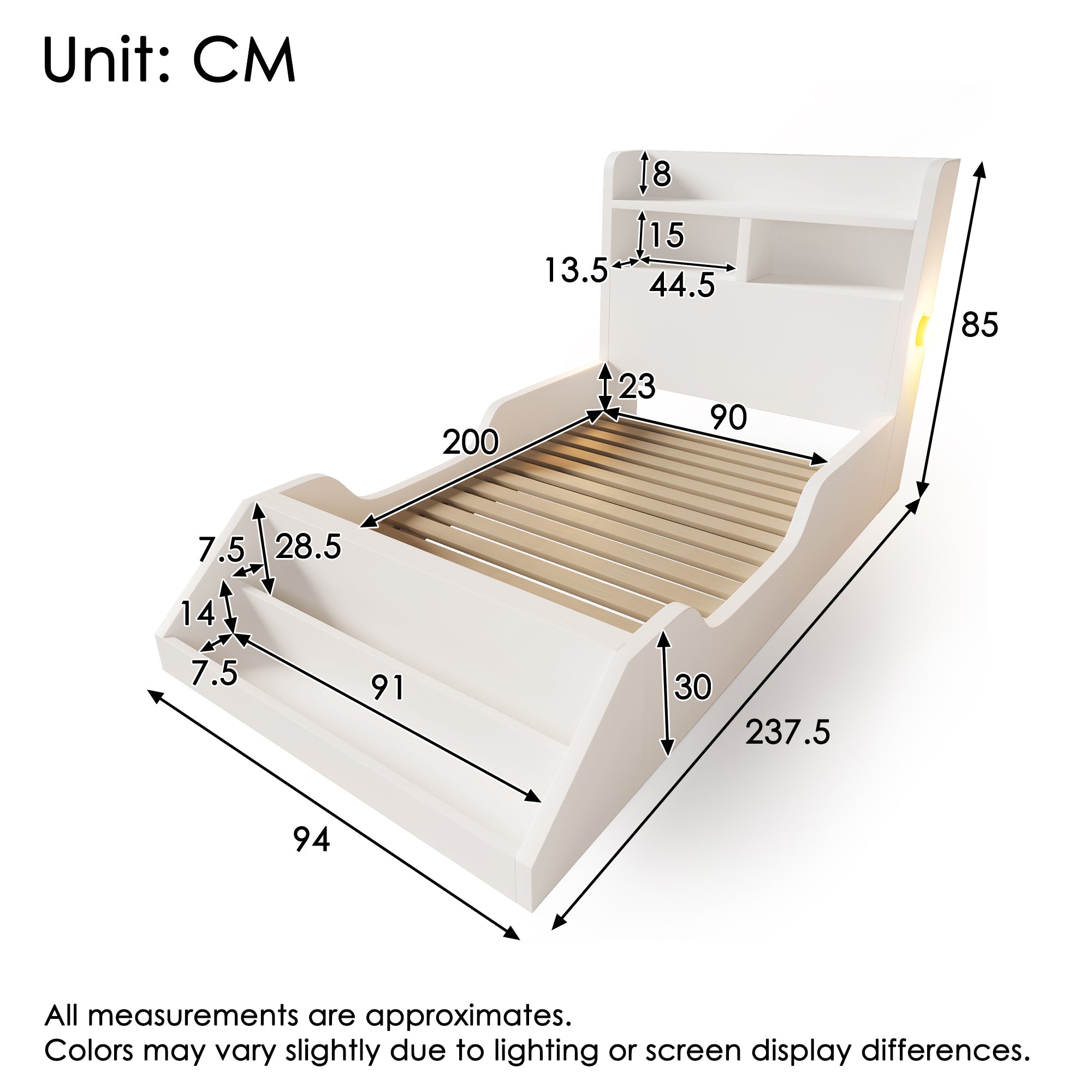 Wooden Single Bed with Shelves, Nightlights and Removable Bookshelf, White