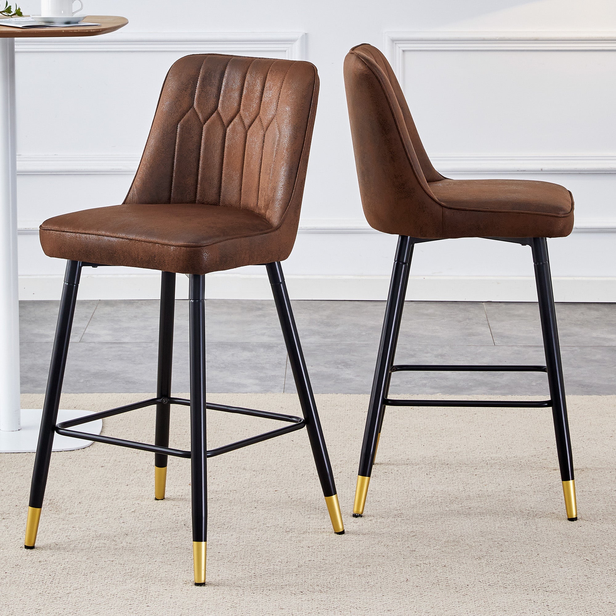 Set of 2 Bar Stools 100cm Black Metal Frame Footrest - Brown Tech Fabric