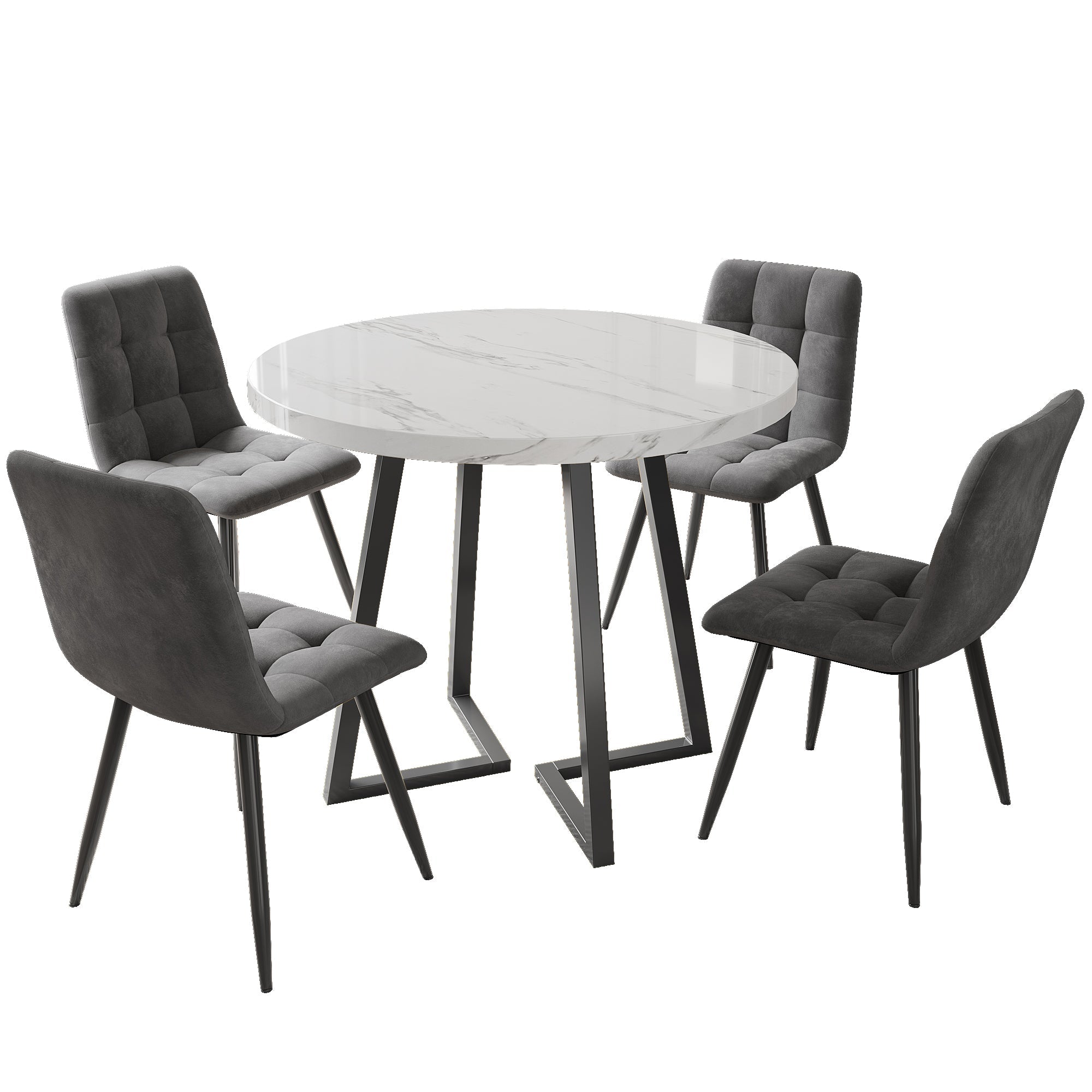 5-Piece Dining Set Round 80cm Table 4 Chairs Black Metal Legs White MDF Dark Grey Velvet