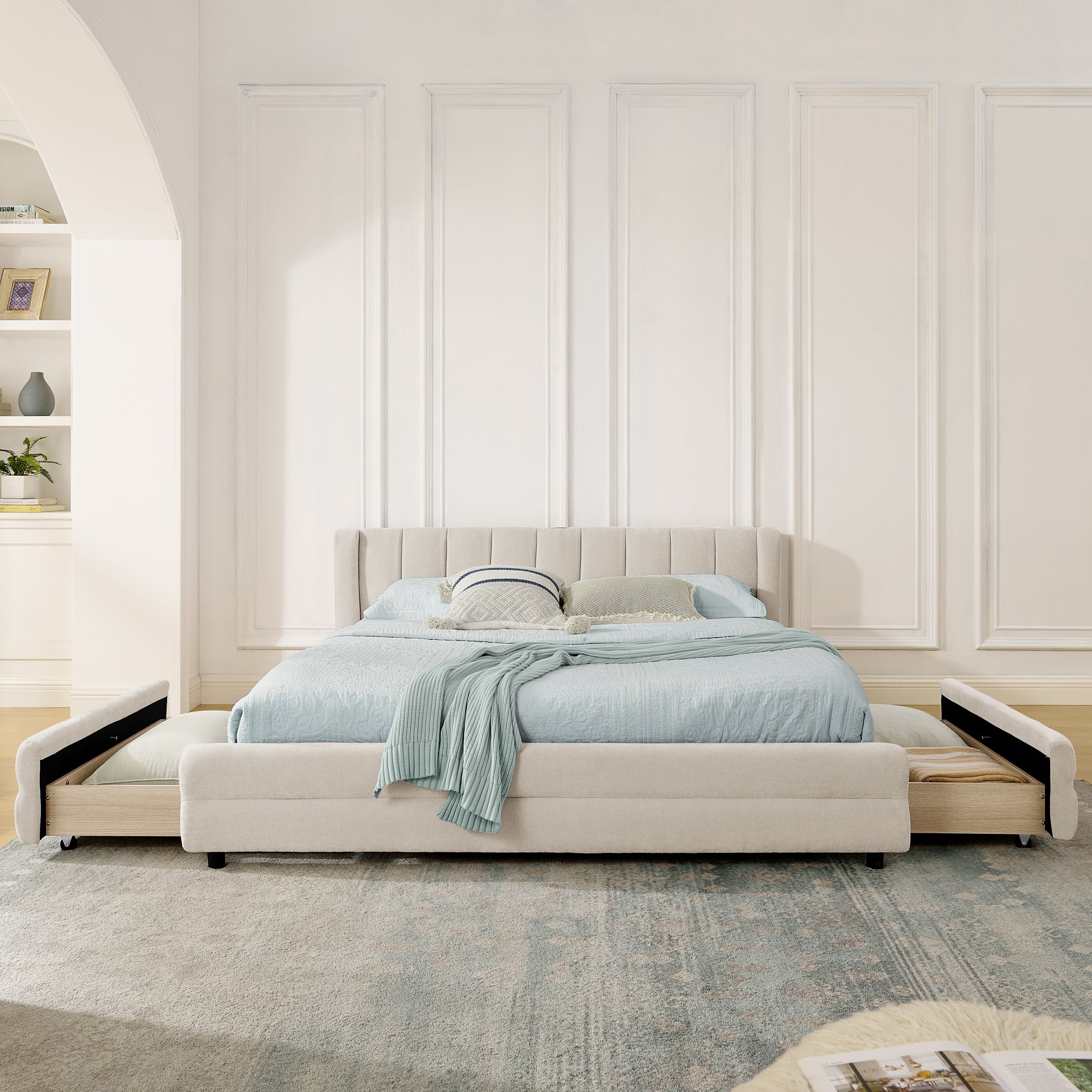 Double Bed 140x200cm Storage USB Port Chenille Beige