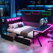 Gaming Platform Bed with LED Headboard, Desk and Drawers, Black Metal