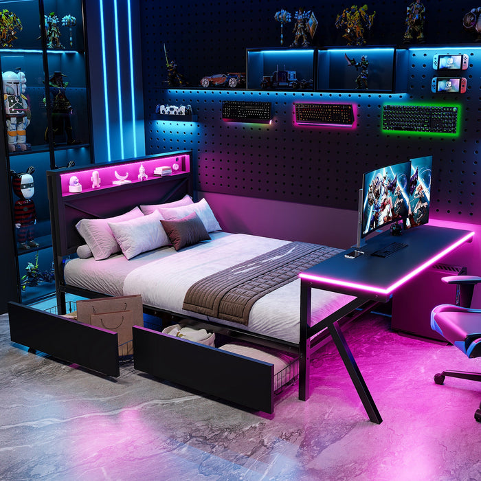 Gaming Platform Bed with LED Headboard, Desk and Drawers, Black Metal