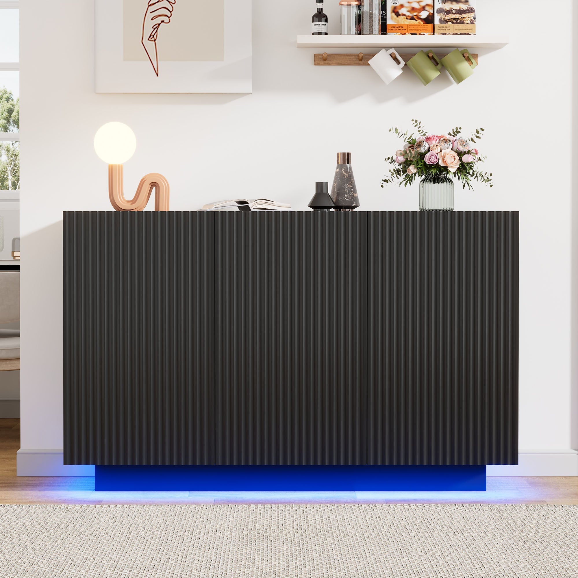LED Chest of Drawers, Modern Design Sideboard with Lighting, 120cm, Black Marble Look