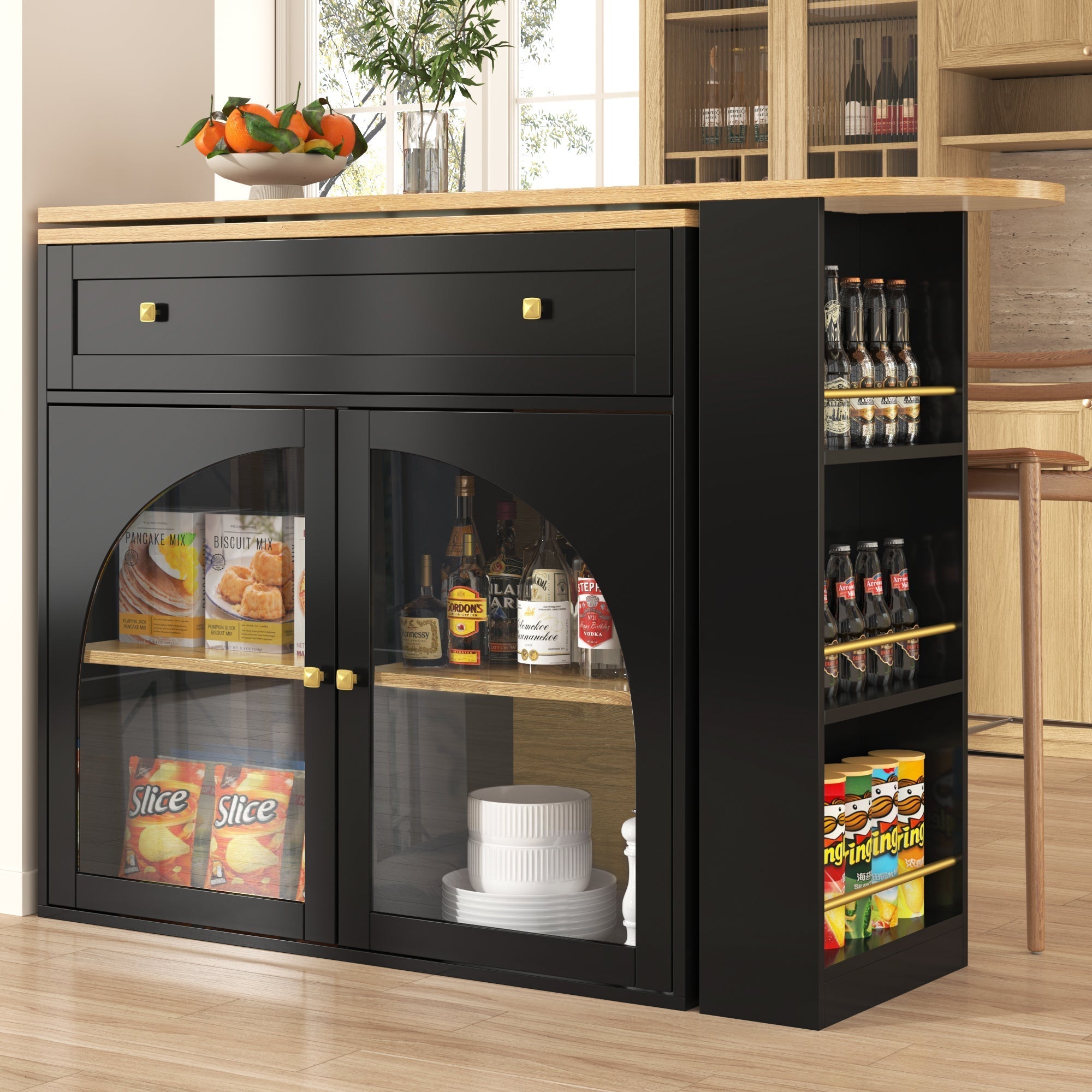 Extendable Bar Table 360° Rotating Storage Shelves Glass - Black