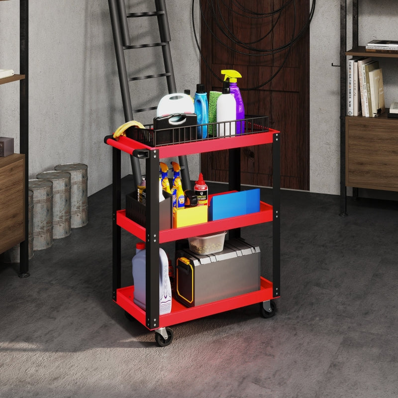 Tool Trolley 3 Levels, 120 kg Load Capacity, Metal Frame, Red