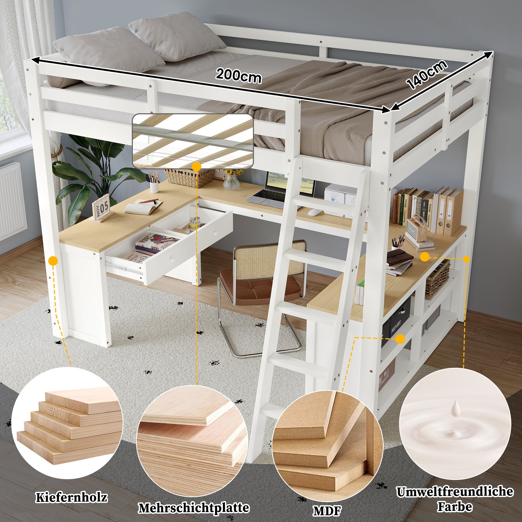 Loft Bed with U-Shaped Desk, 2 Drawers, Storage Shelf, 140x200cm, White + Natural Wood