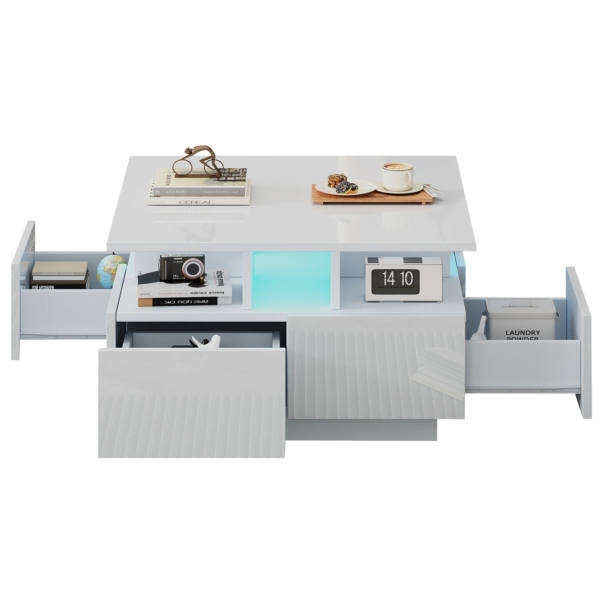 Coffee Table 70x70x40cm High-Gloss LED Light 4 Drawers Geometric Design, White